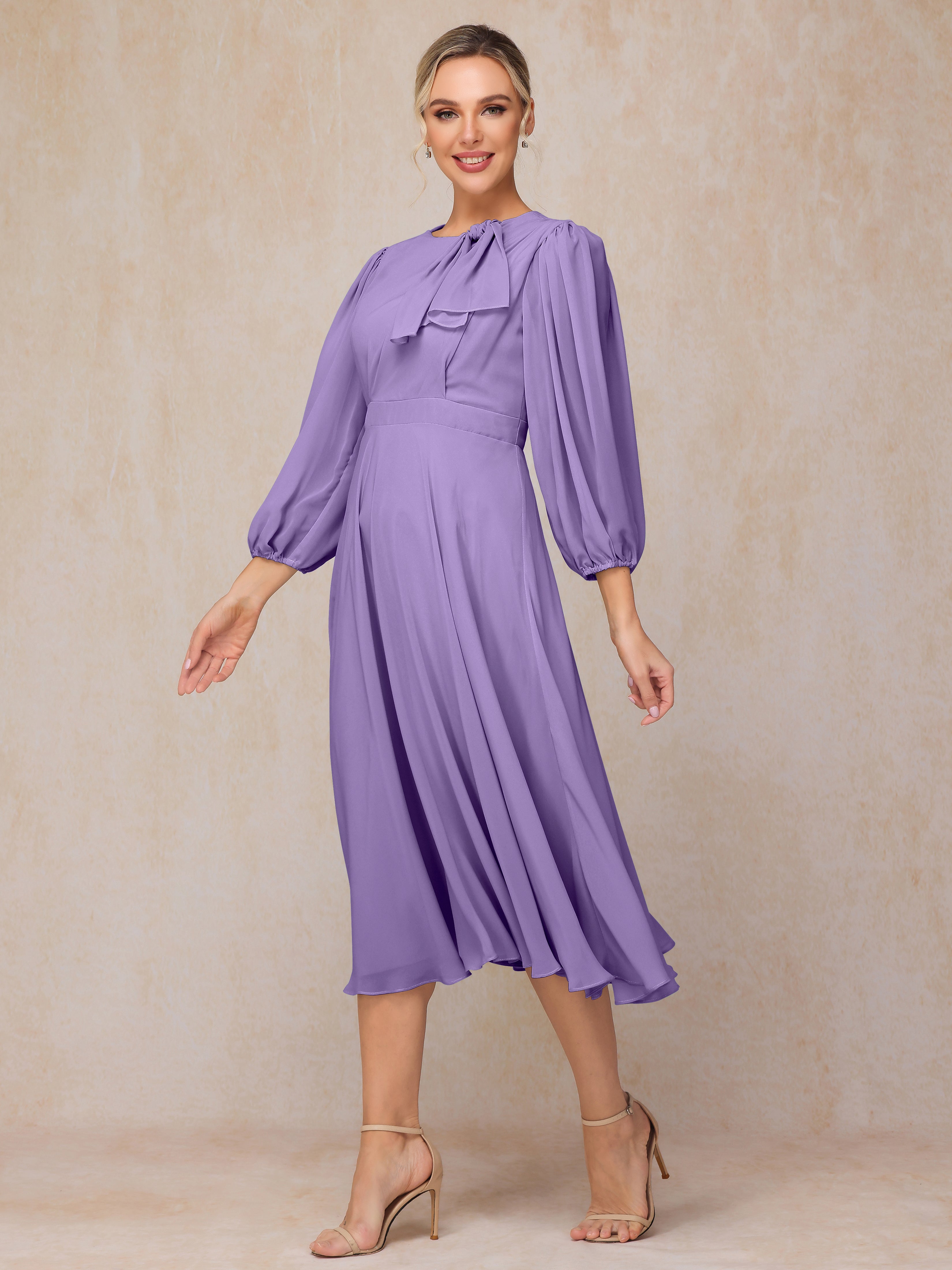 Long Sleeves A Line Tea Length Chiffon Mother Of The  Groom Dress