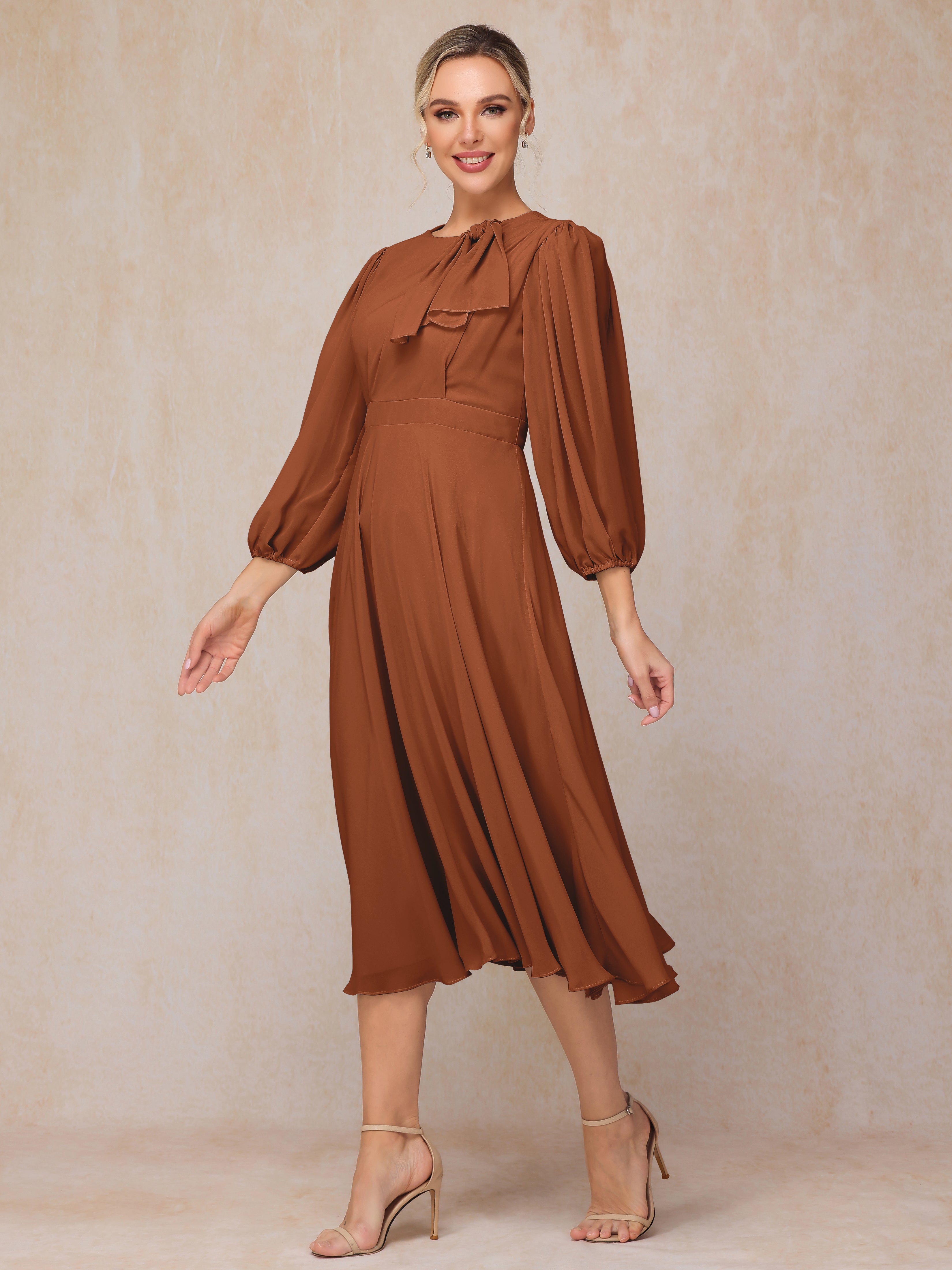 Long Sleeves A Line Tea Length Chiffon Mother Of The  Groom Dress