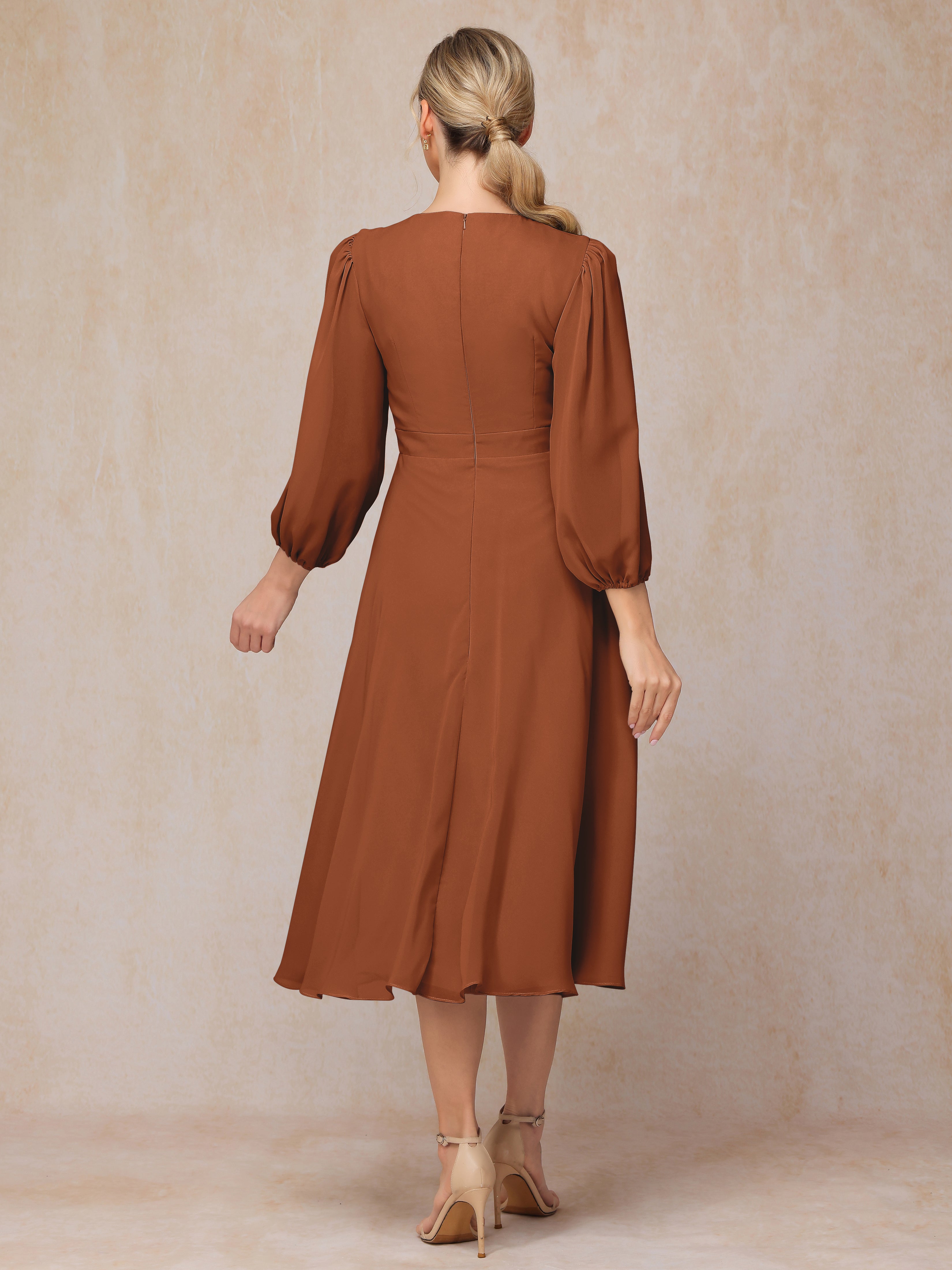 Long Sleeves A Line Tea Length Chiffon Mother Of The  Groom Dress