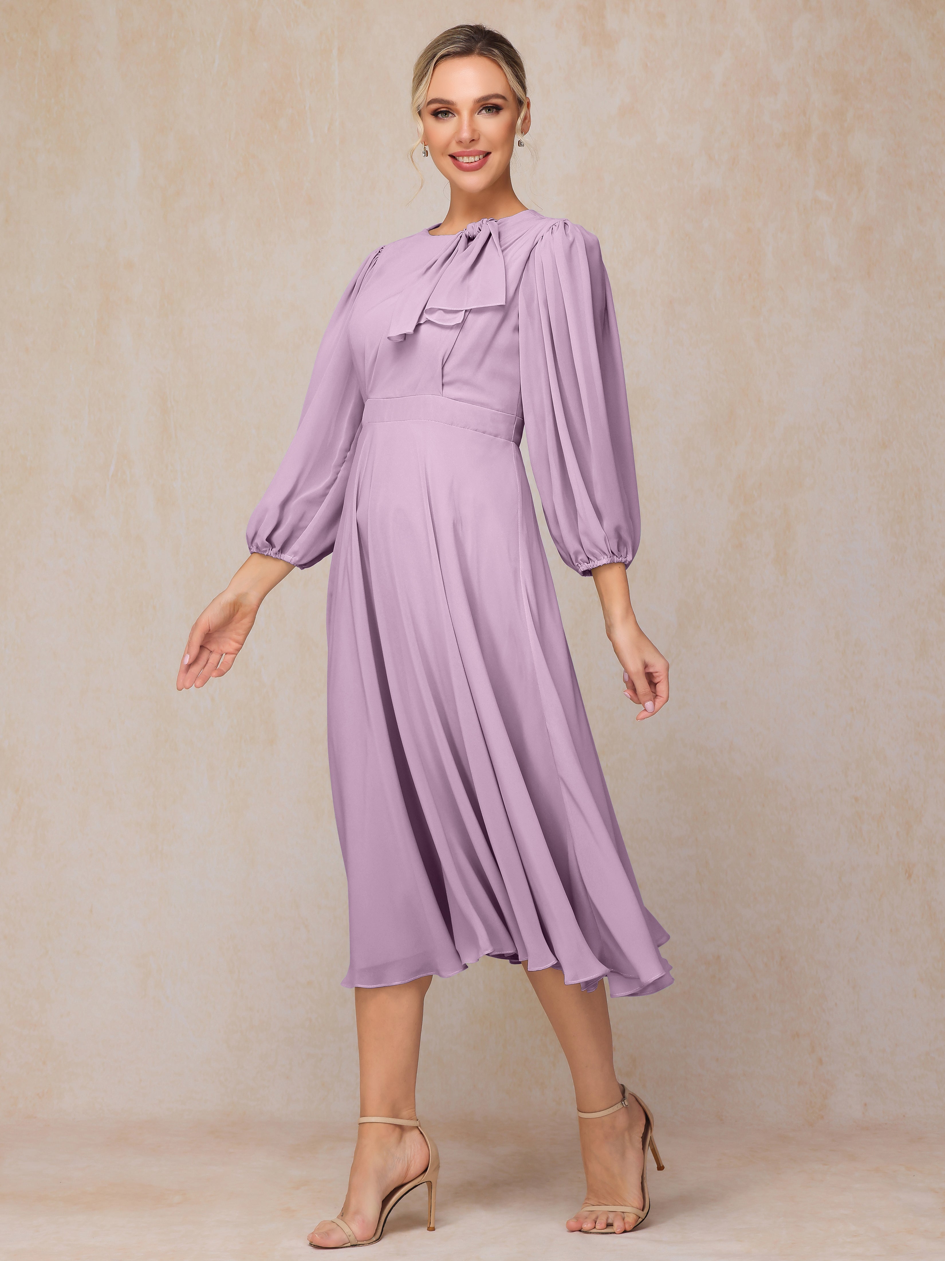 Long Sleeves A Line Tea Length Chiffon Mother Of The  Groom Dress