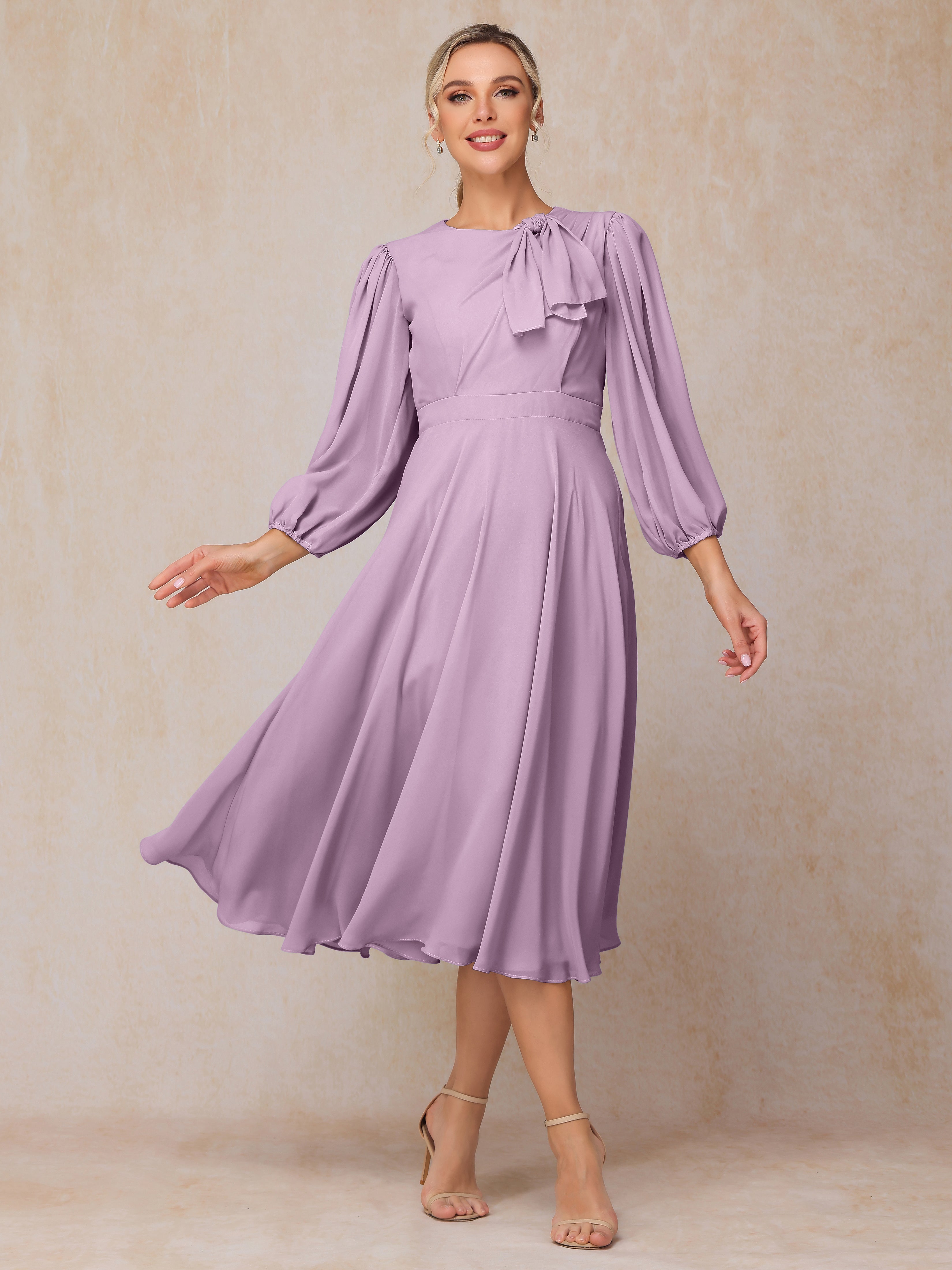 Long Sleeves A Line Tea Length Chiffon Mother Of The  Groom Dress