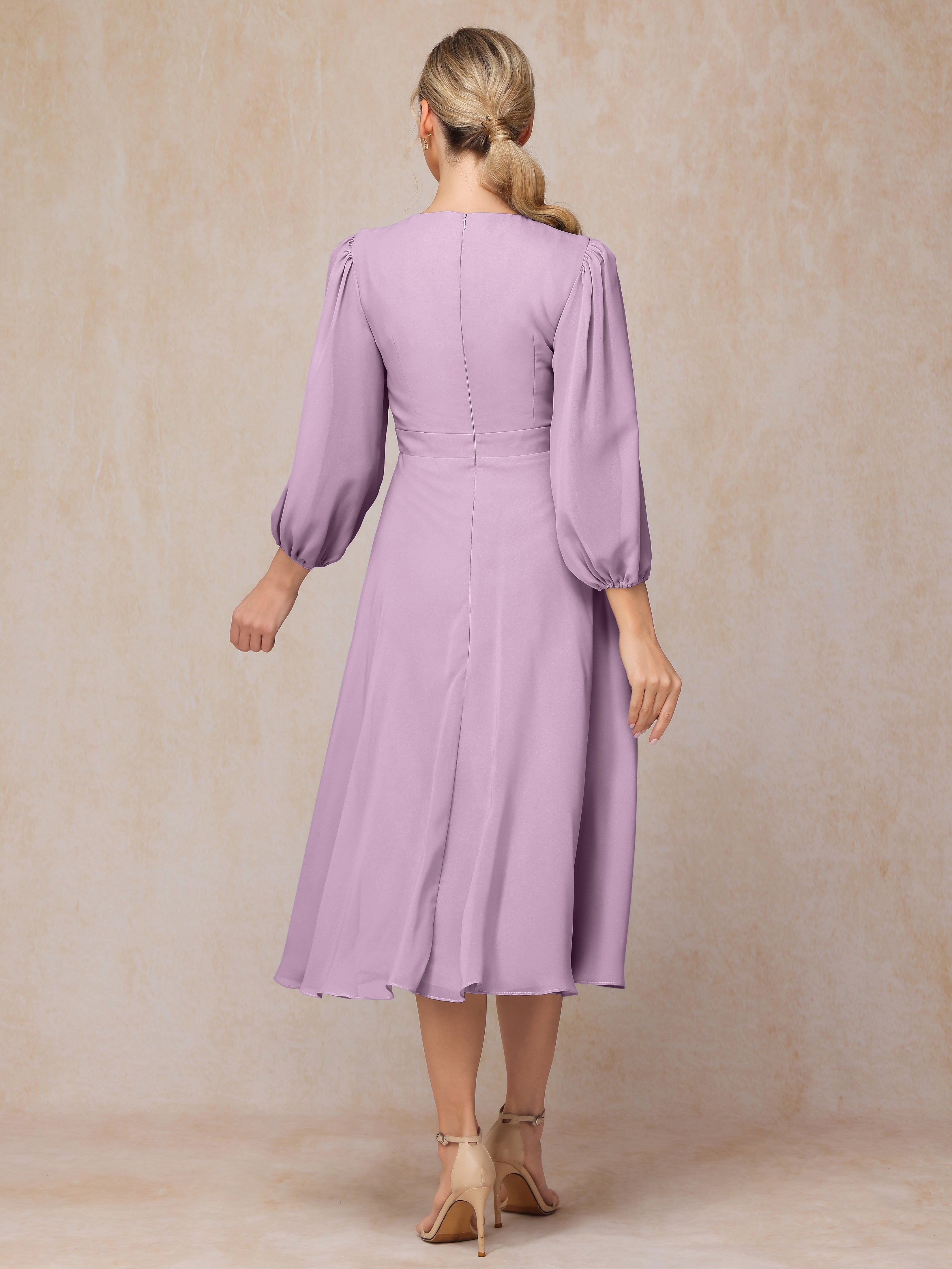 Long Sleeves A Line Tea Length Chiffon Mother Of The  Groom Dress