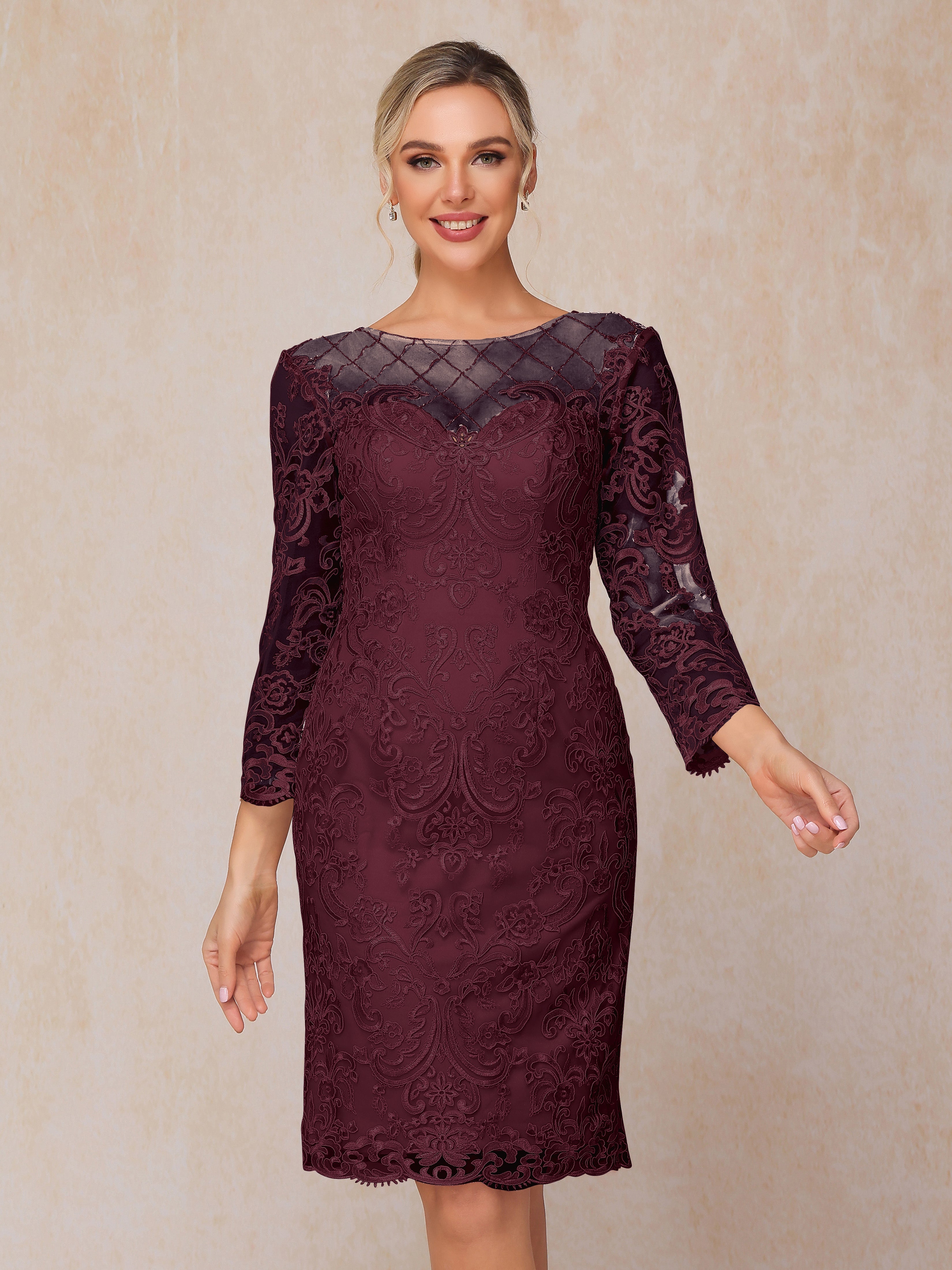 2 Pieces 3/4 Sleeves Knee Length Chiffon Lace Mother Of The  Groom Dress