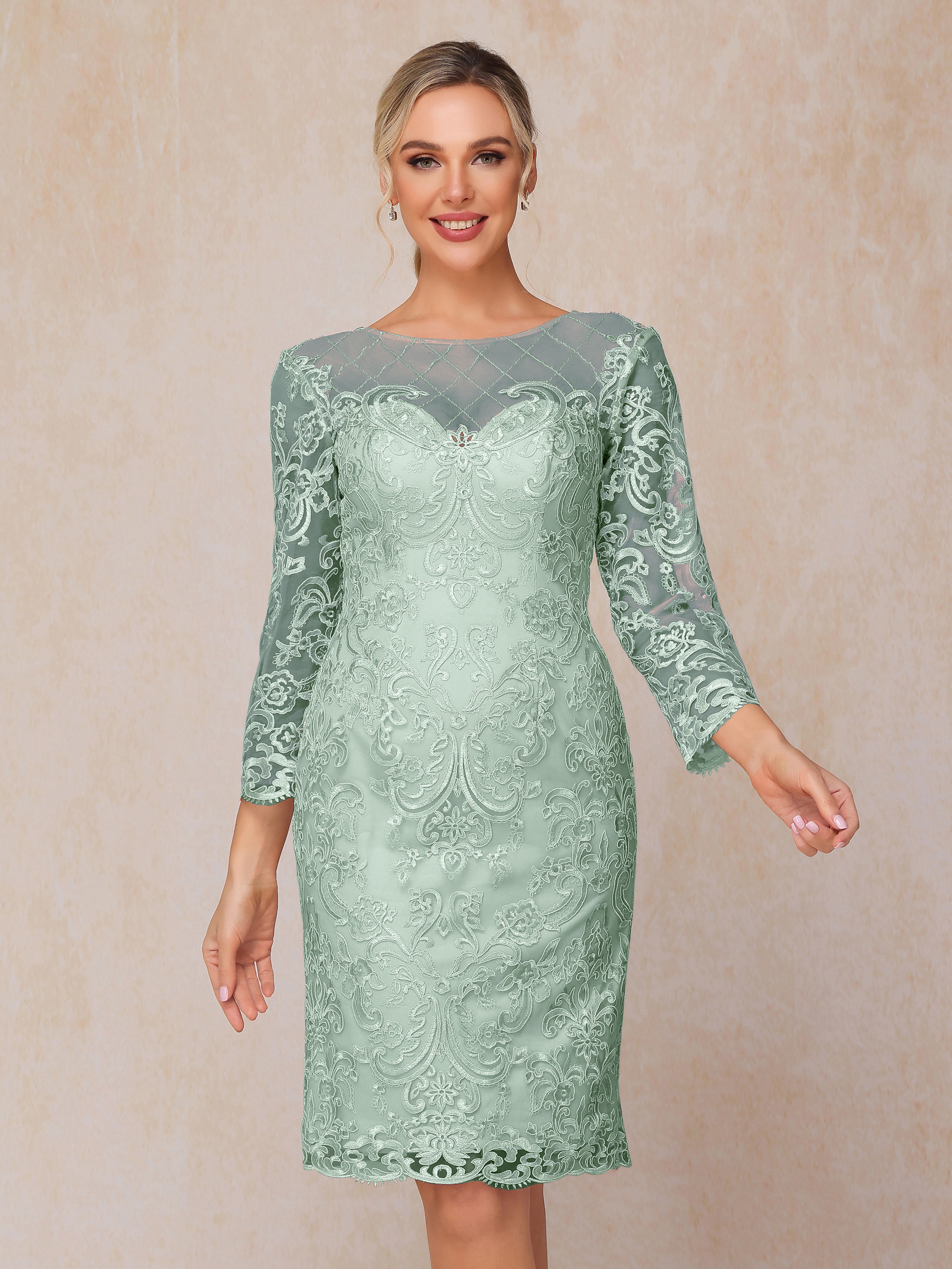 2 Pieces 3/4 Sleeves Knee Length Chiffon Lace Mother Of The  Groom Dress