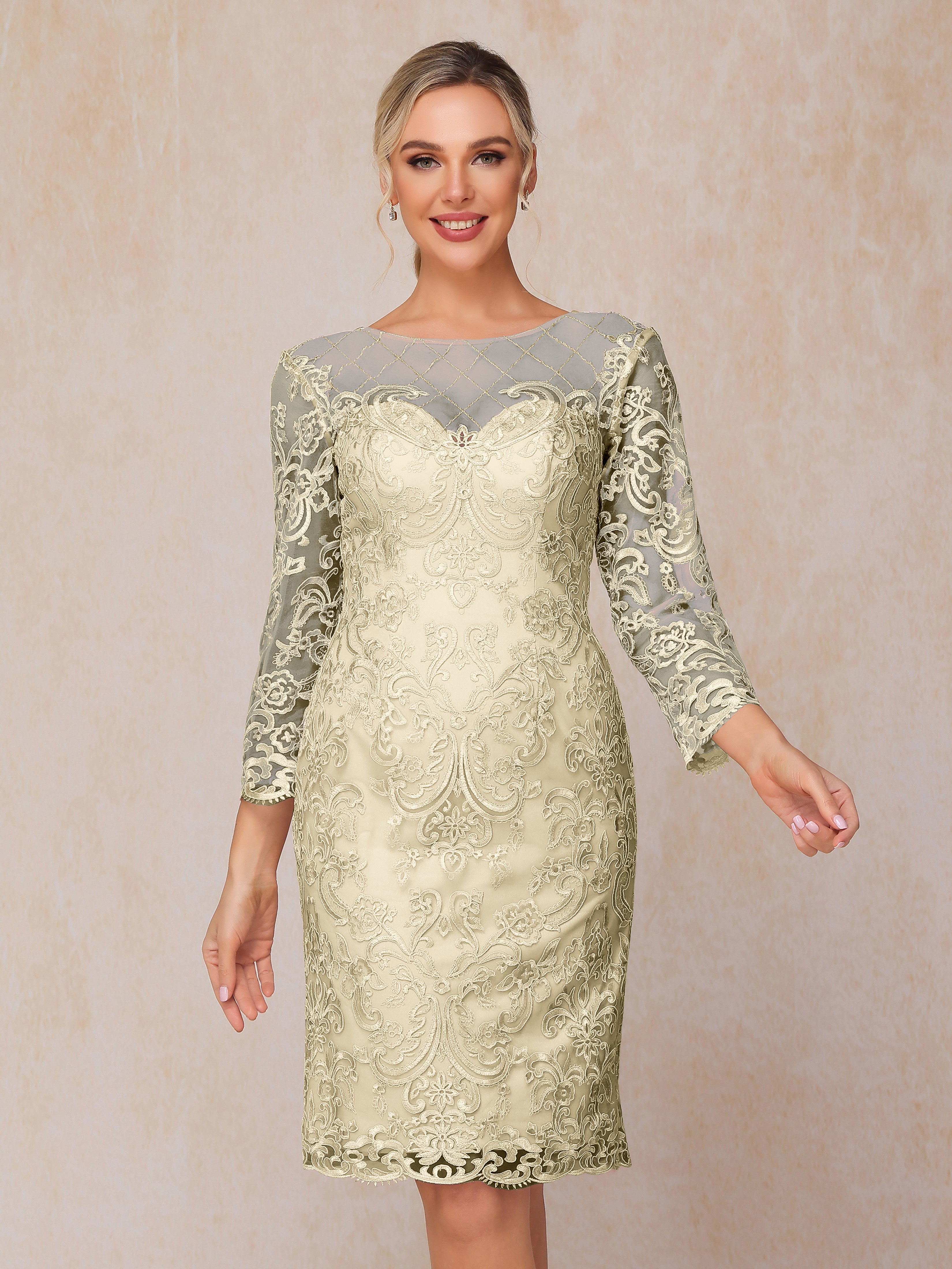 2 Pieces 3/4 Sleeves Knee Length Chiffon Lace Mother Of The  Groom Dress