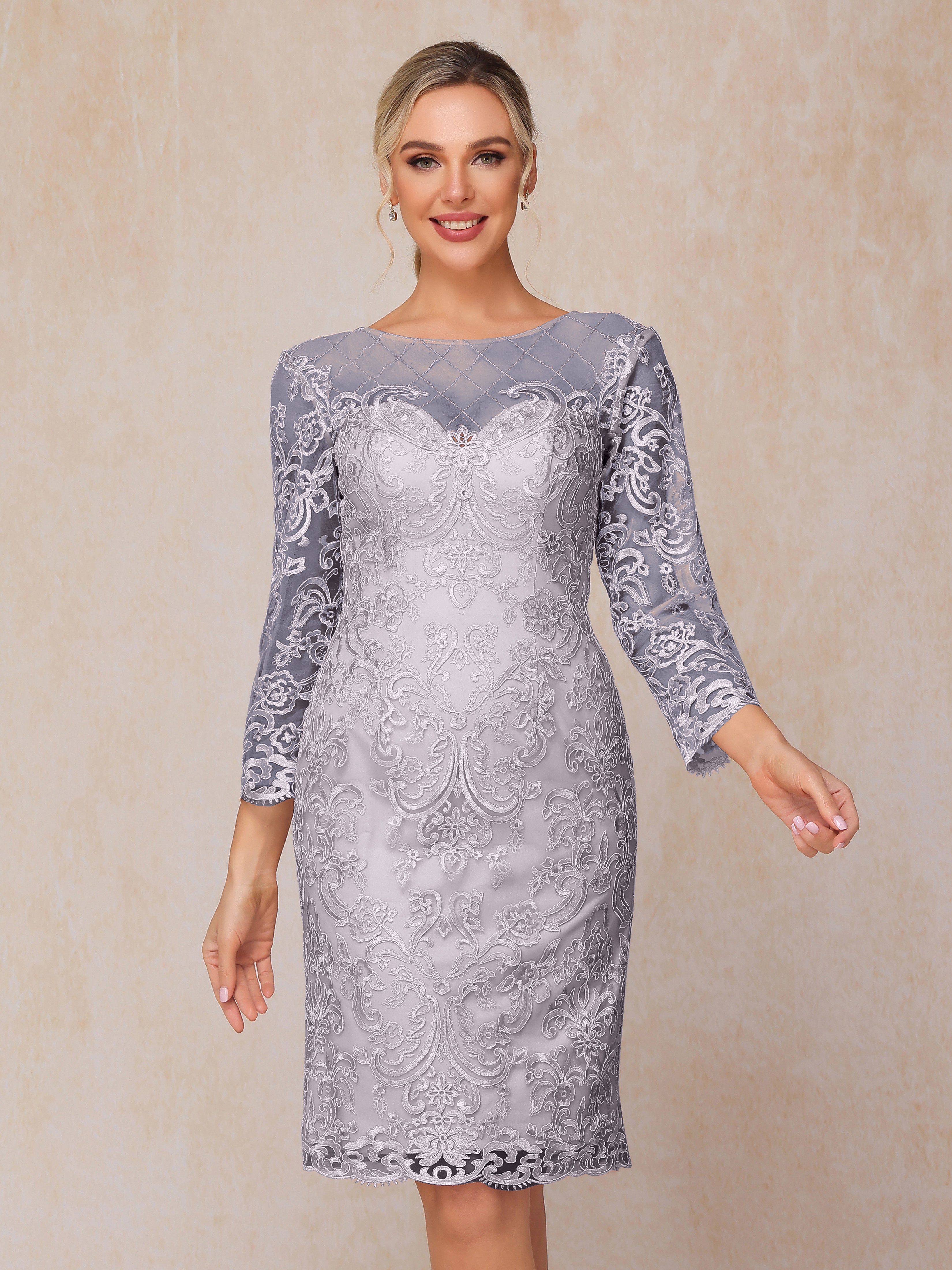 2 Pieces 3/4 Sleeves Knee Length Chiffon Lace Mother Of The  Groom Dress