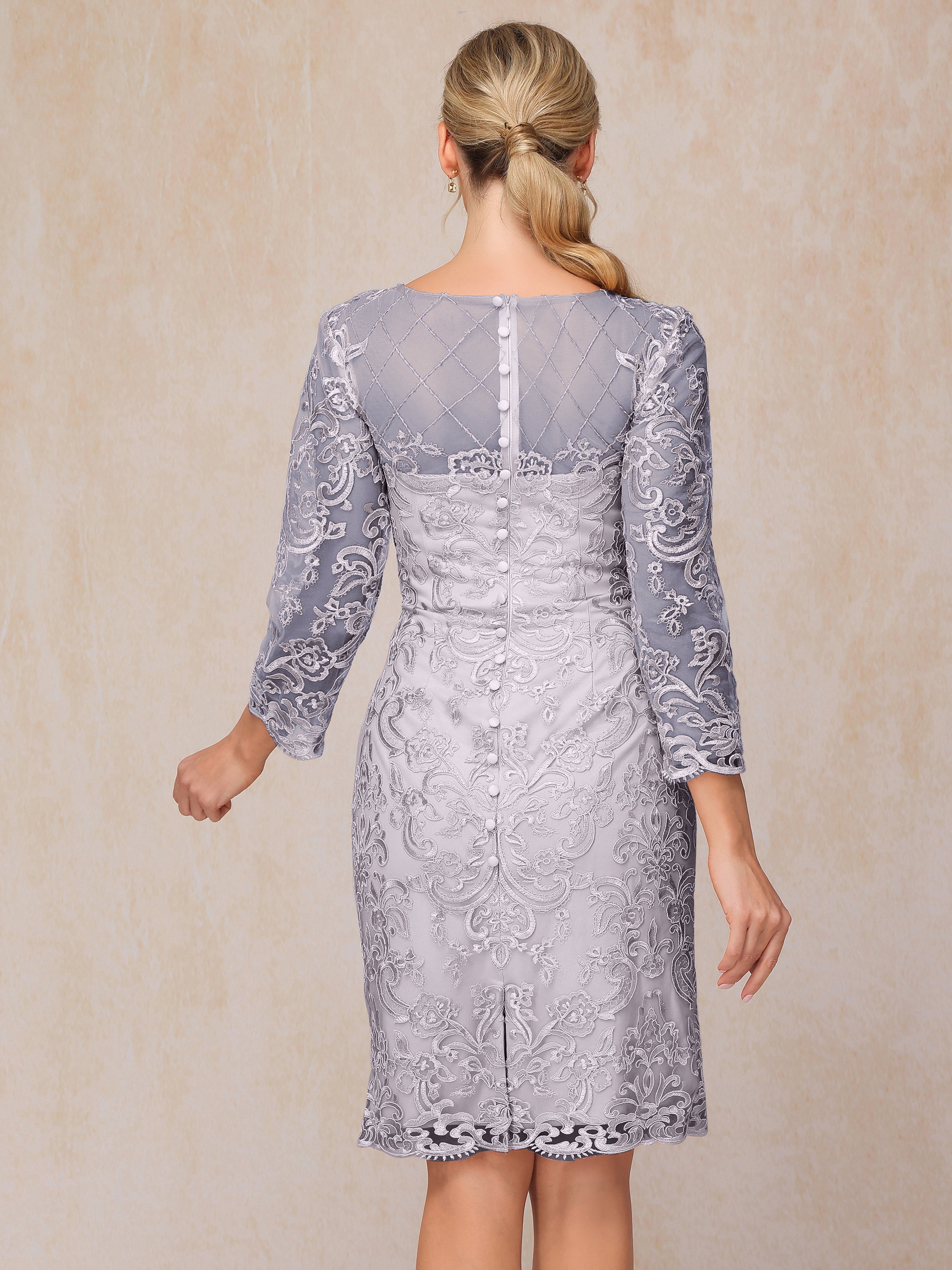 2 Pieces 3/4 Sleeves Knee Length Chiffon Lace Mother Of The  Groom Dress