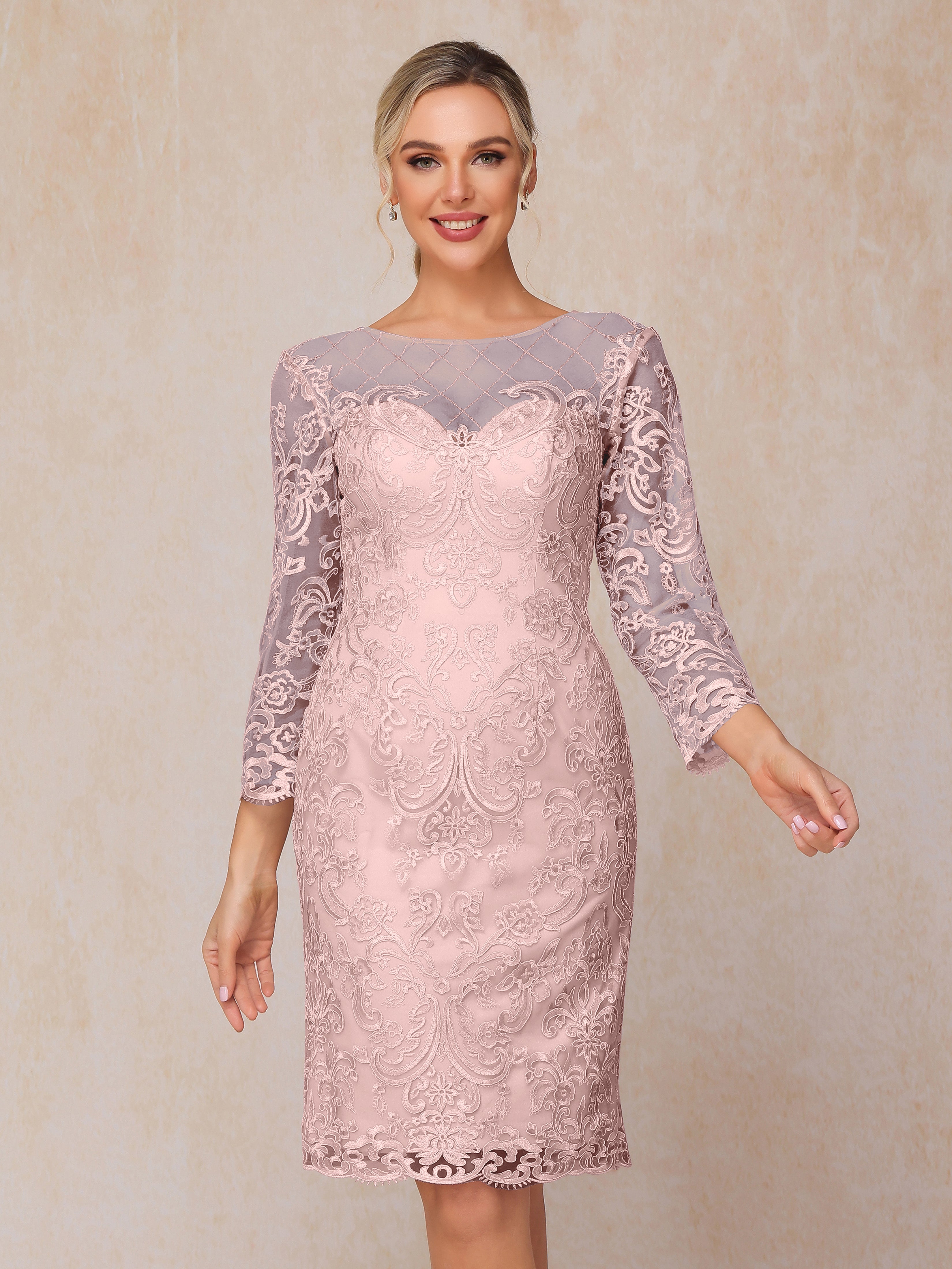 2 Pieces 3/4 Sleeves Knee Length Chiffon Lace Mother Of The  Groom Dress