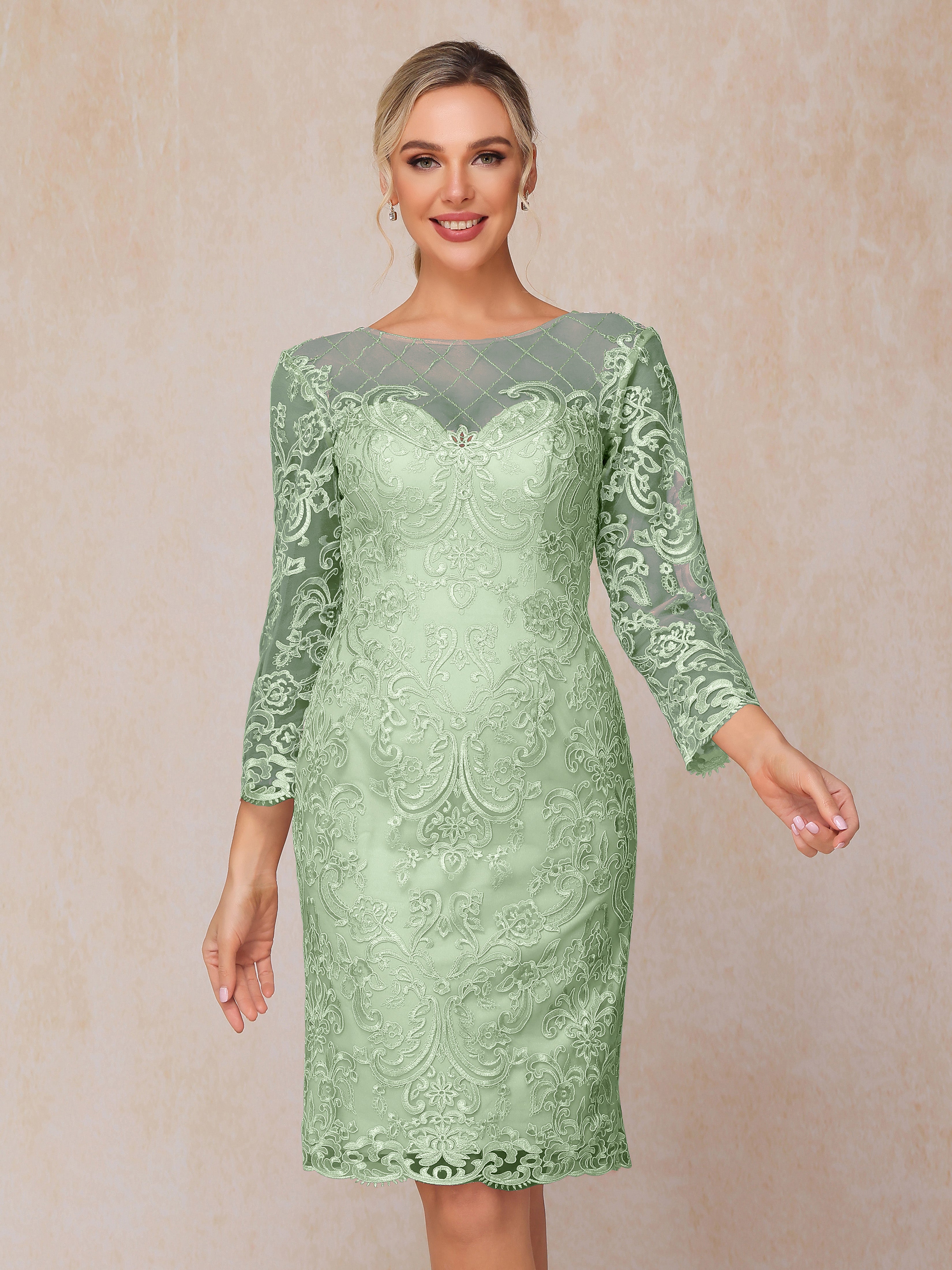 2 Pieces 3/4 Sleeves Knee Length Chiffon Lace Mother Of The  Groom Dress