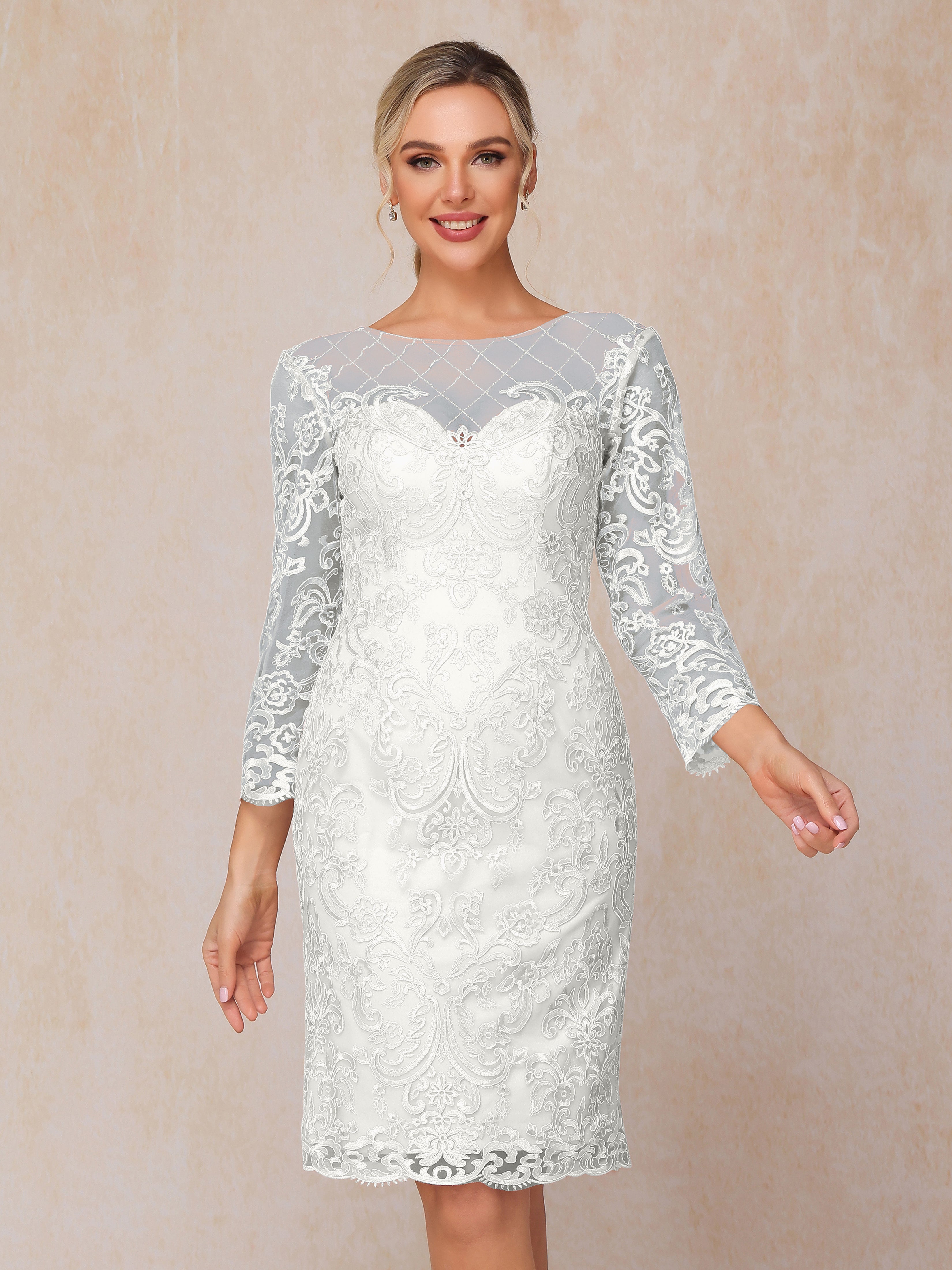 2 Pieces 3/4 Sleeves Knee Length Chiffon Lace Mother Of The  Groom Dress