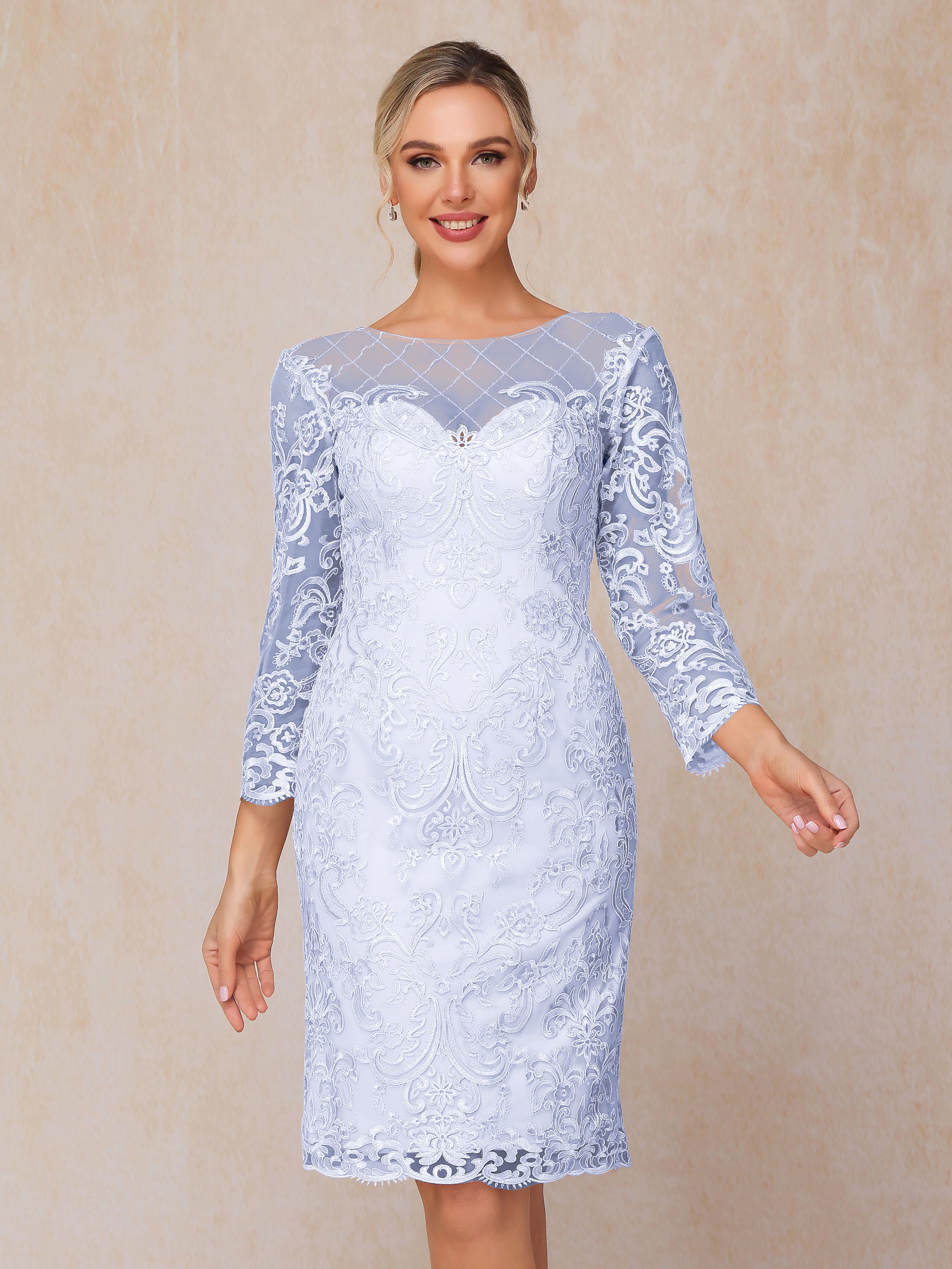 2 Pieces 3/4 Sleeves Knee Length Chiffon Lace Mother Of The  Groom Dress