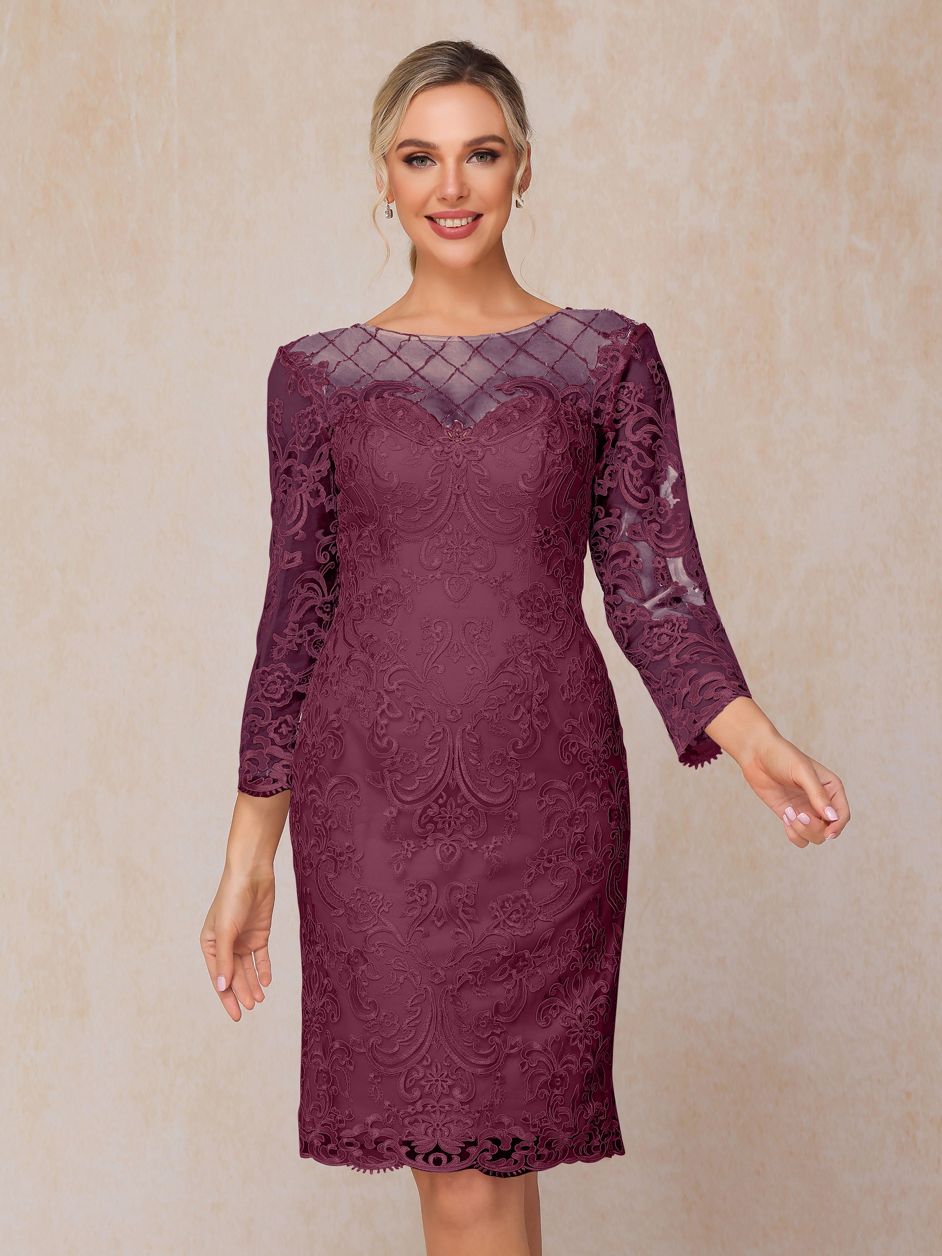 2 Pieces 3/4 Sleeves Knee Length Chiffon Lace Mother Of The Bride Dress