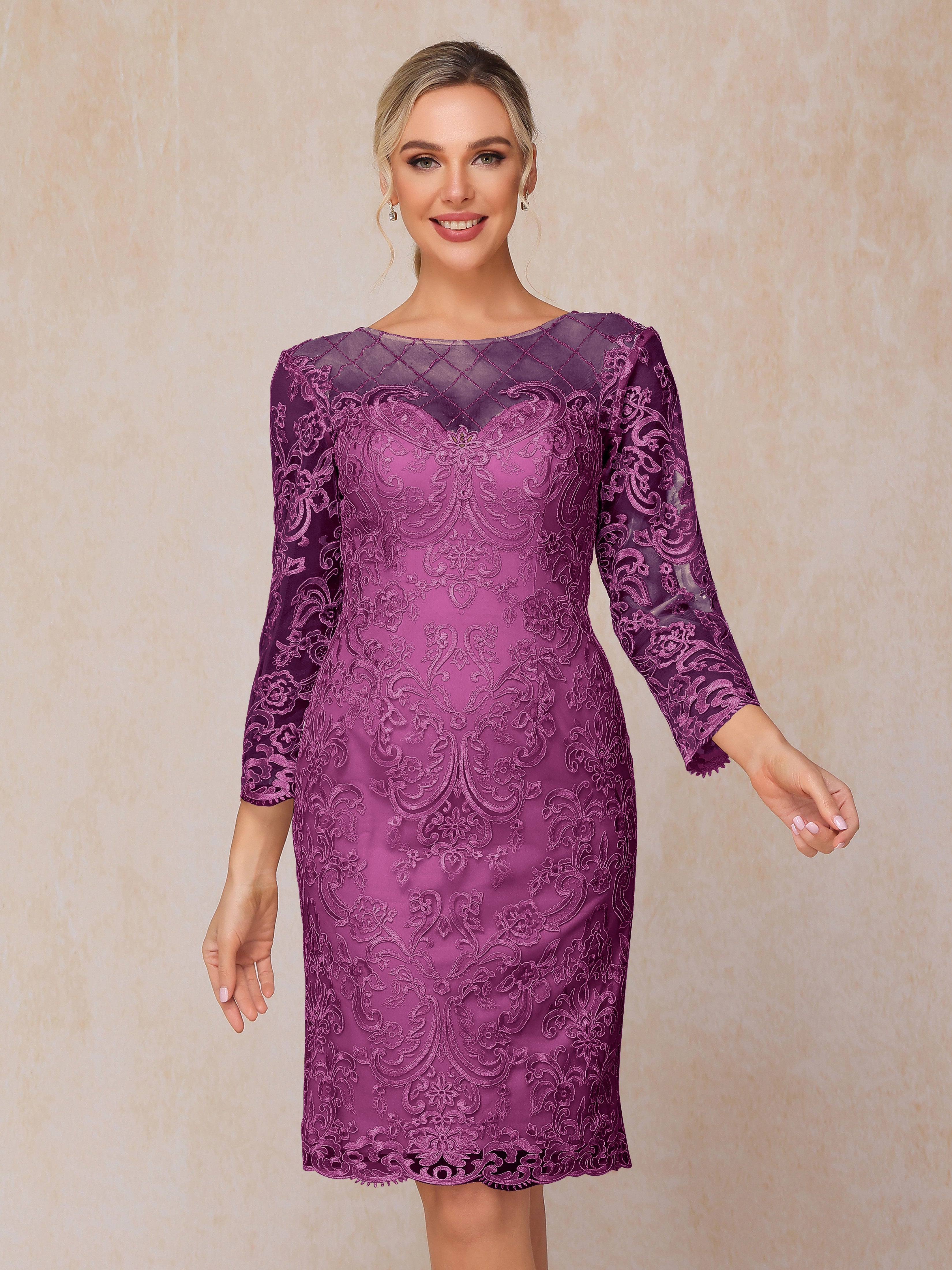 2 Pieces 3/4 Sleeves Knee Length Chiffon Lace Mother Of The  Groom Dress