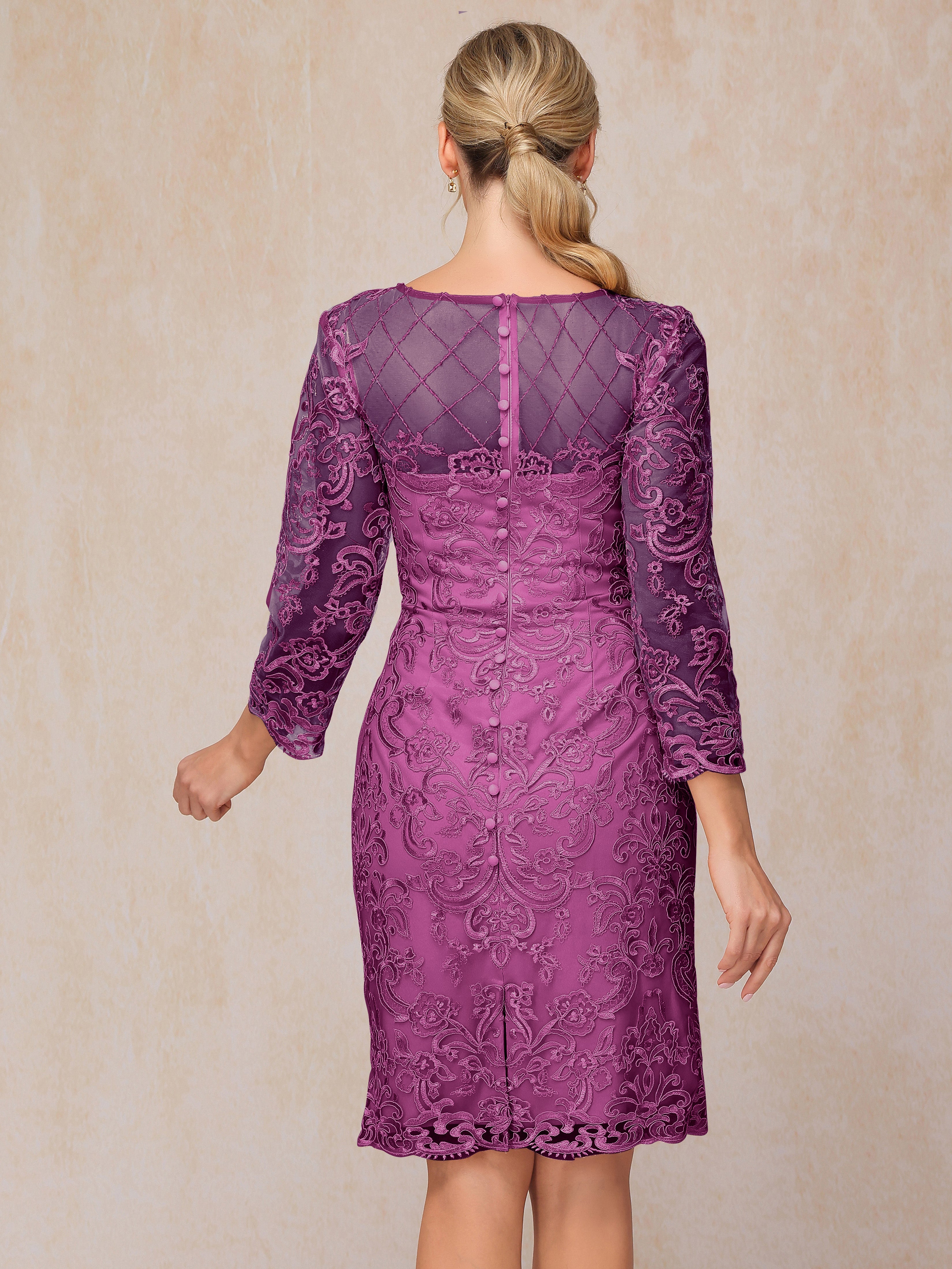 2 Pieces 3/4 Sleeves Knee Length Chiffon Lace Mother Of The  Groom Dress