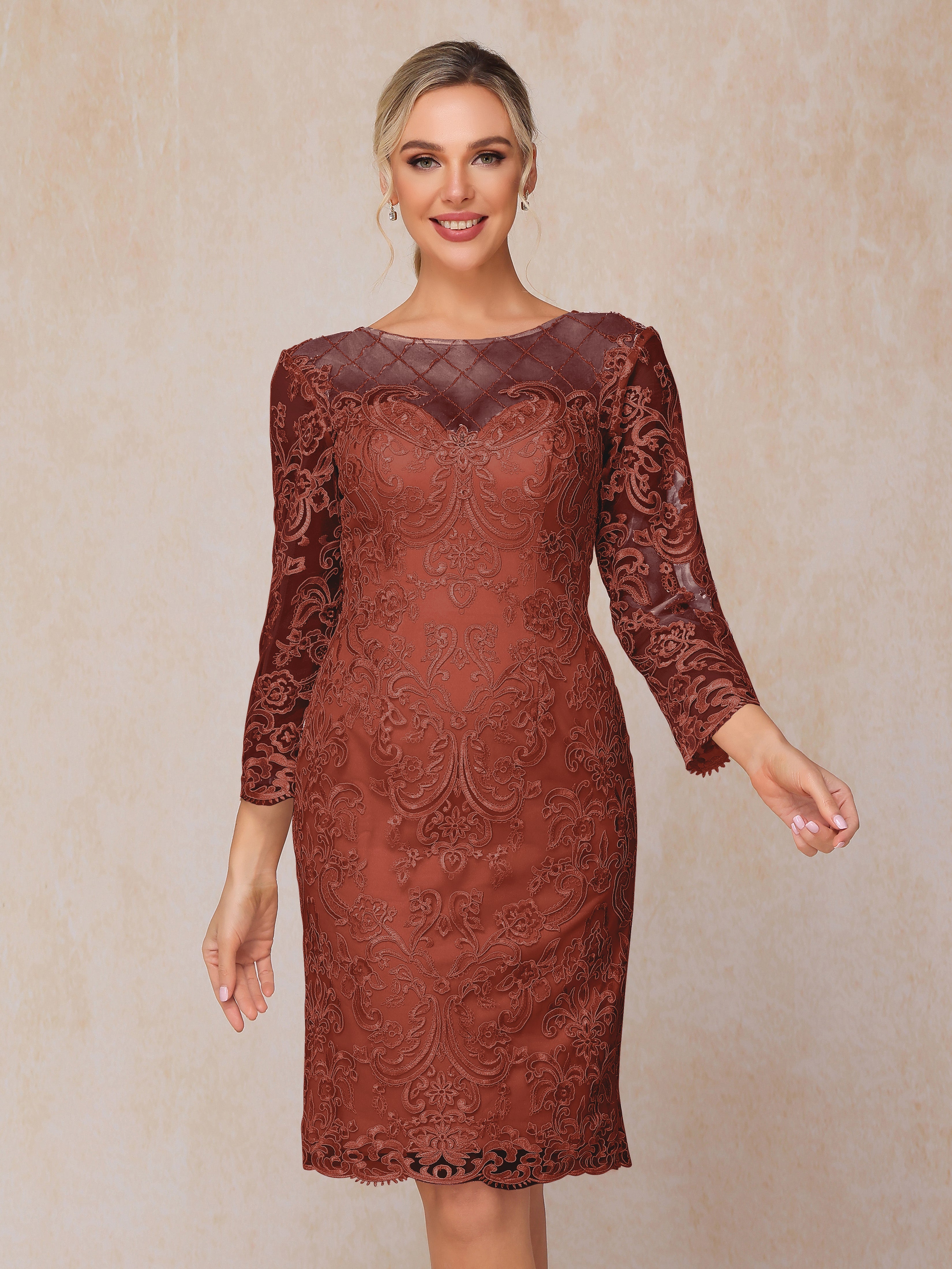 2 Pieces 3/4 Sleeves Knee Length Chiffon Lace Mother Of The  Groom Dress