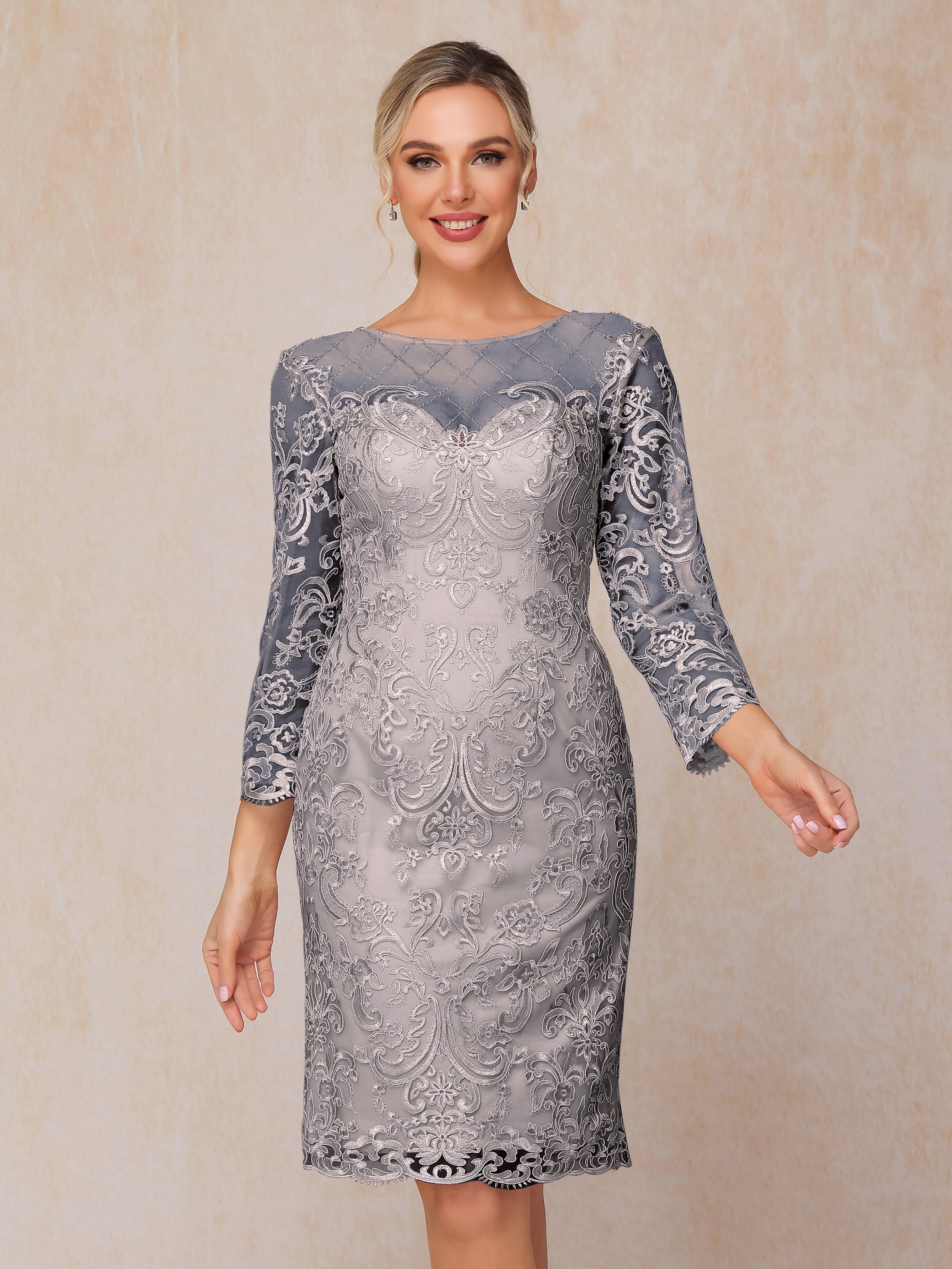 2 Pieces 3/4 Sleeves Knee Length Chiffon Lace Mother Of The  Groom Dress