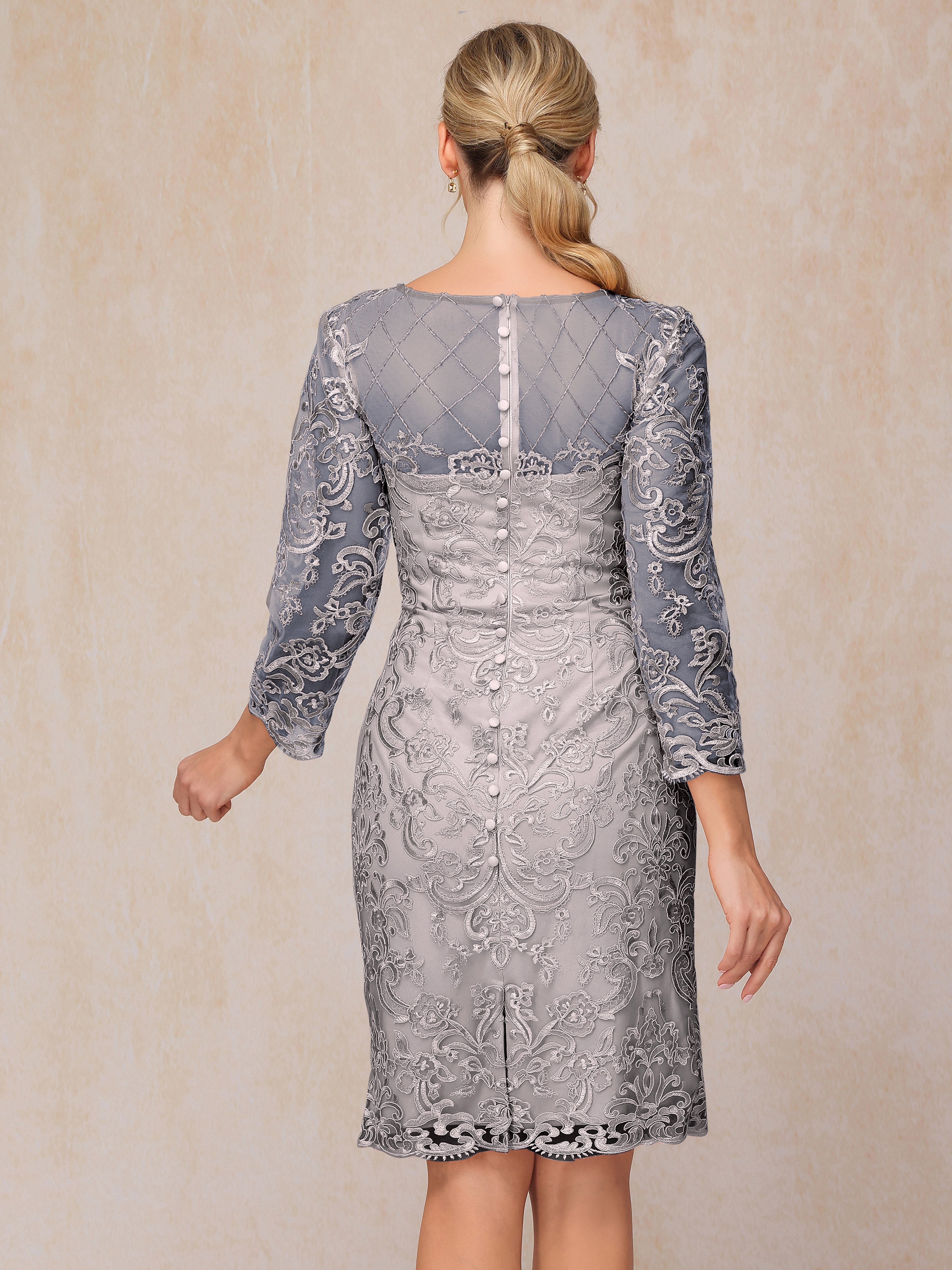 2 Pieces 3/4 Sleeves Knee Length Chiffon Lace Mother Of The Bride Dress