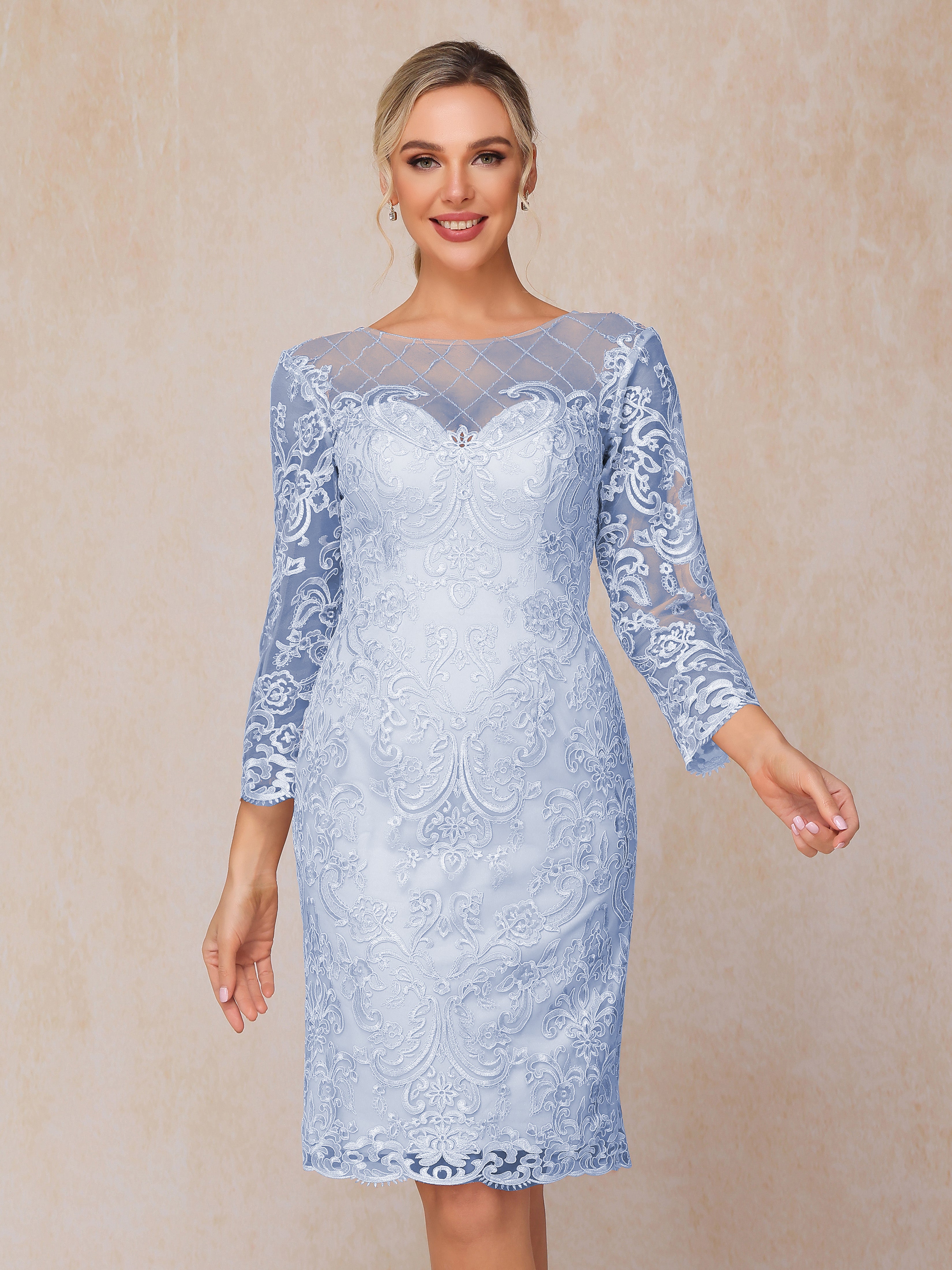 2 Pieces 3/4 Sleeves Knee Length Chiffon Lace Mother Of The Bride Dress