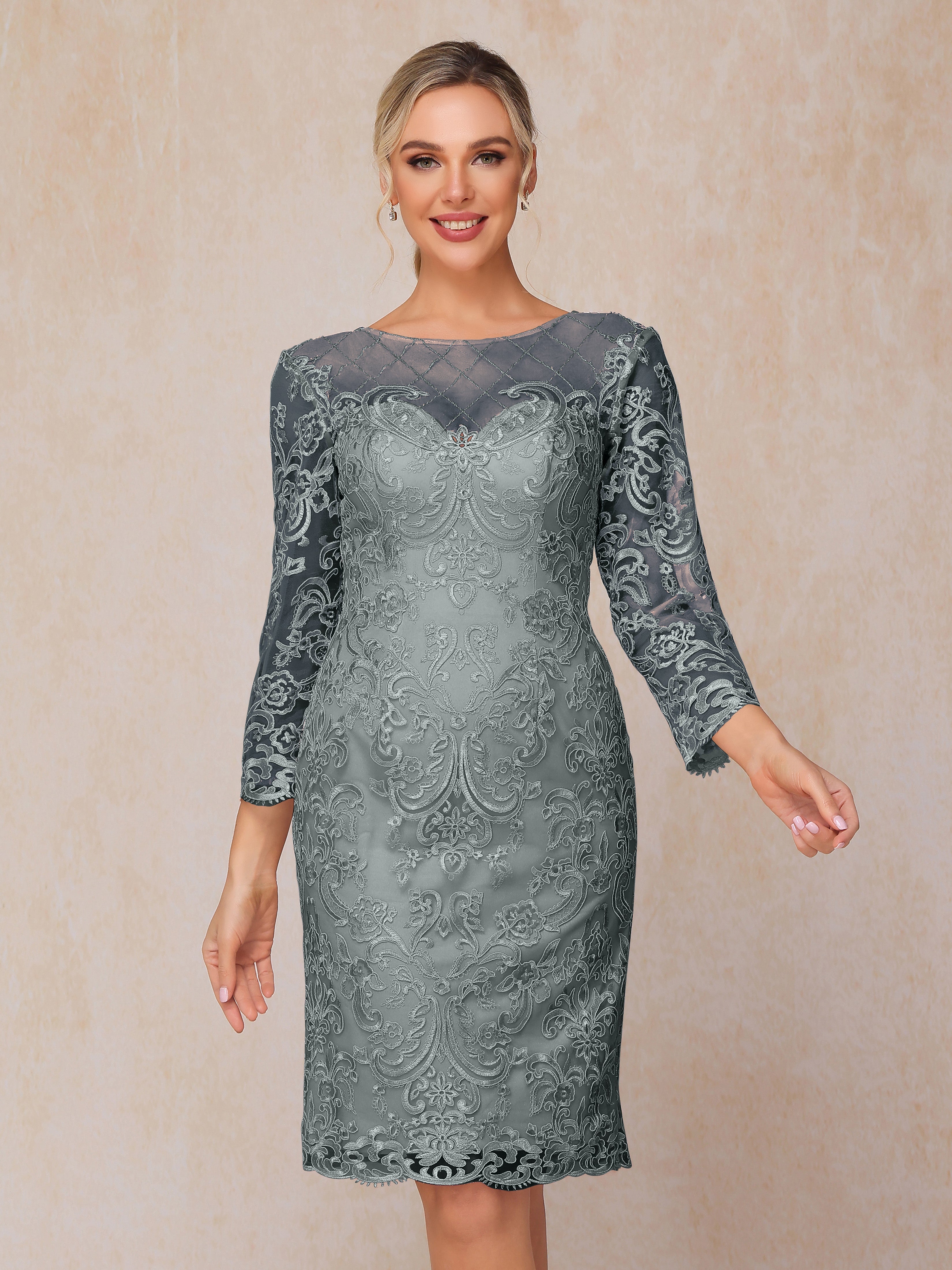 2 Pieces 3/4 Sleeves Knee Length Chiffon Lace Mother Of The  Groom Dress