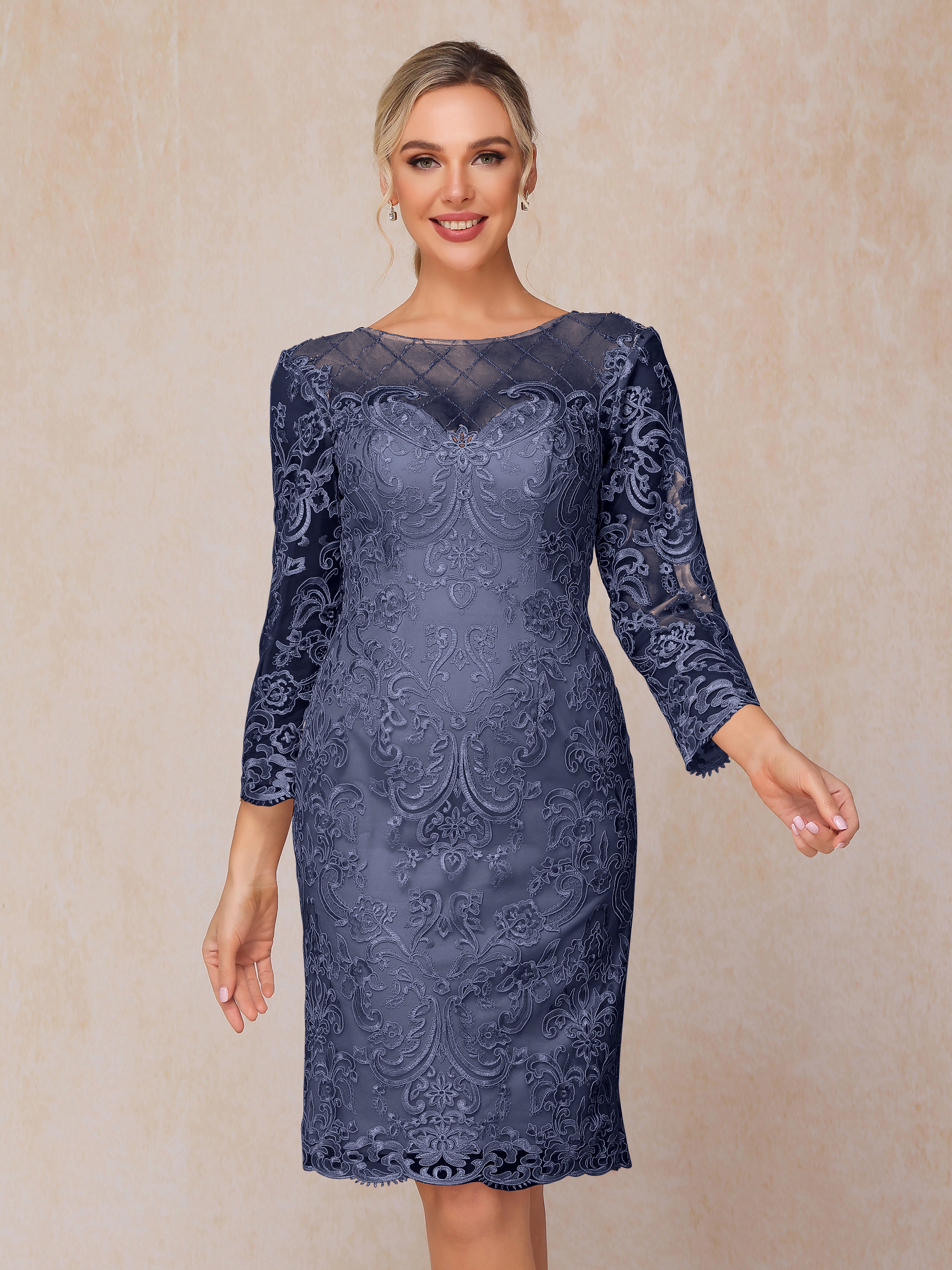 2 Pieces 3/4 Sleeves Knee Length Chiffon Lace Mother Of The Bride Dress