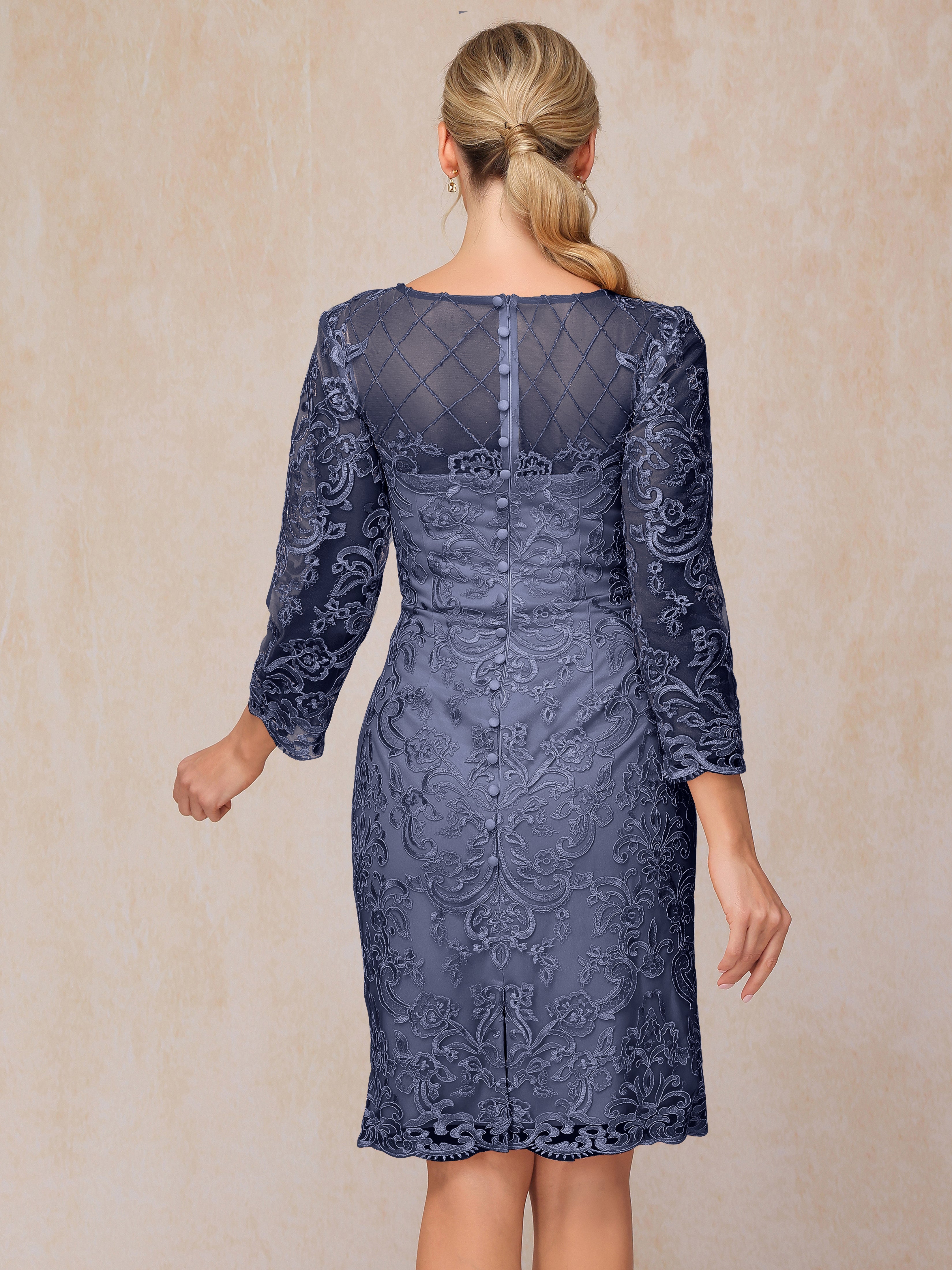 2 Pieces 3/4 Sleeves Knee Length Chiffon Lace Mother Of The  Groom Dress