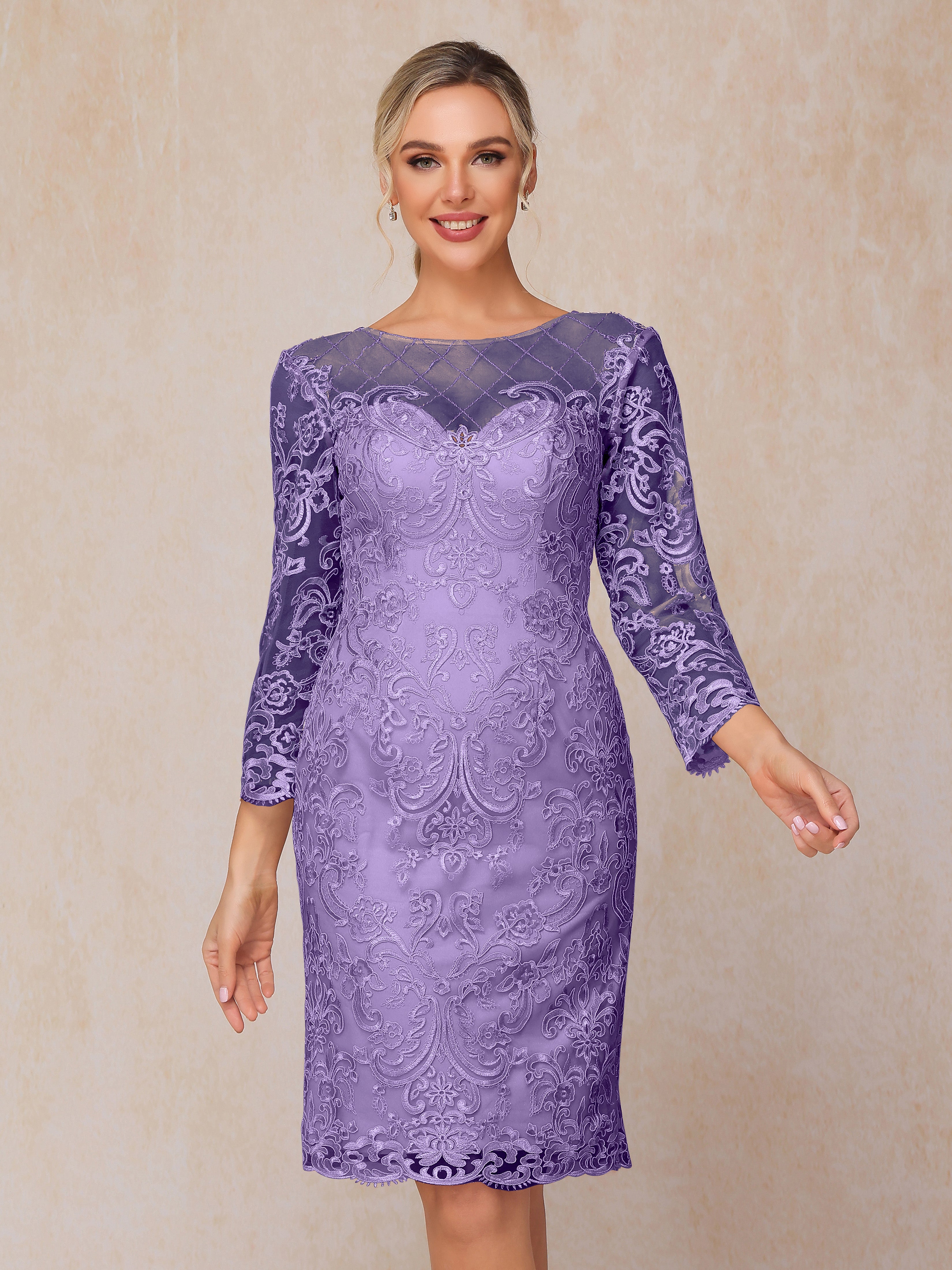 2 Pieces 3/4 Sleeves Knee Length Chiffon Lace Mother Of The  Groom Dress