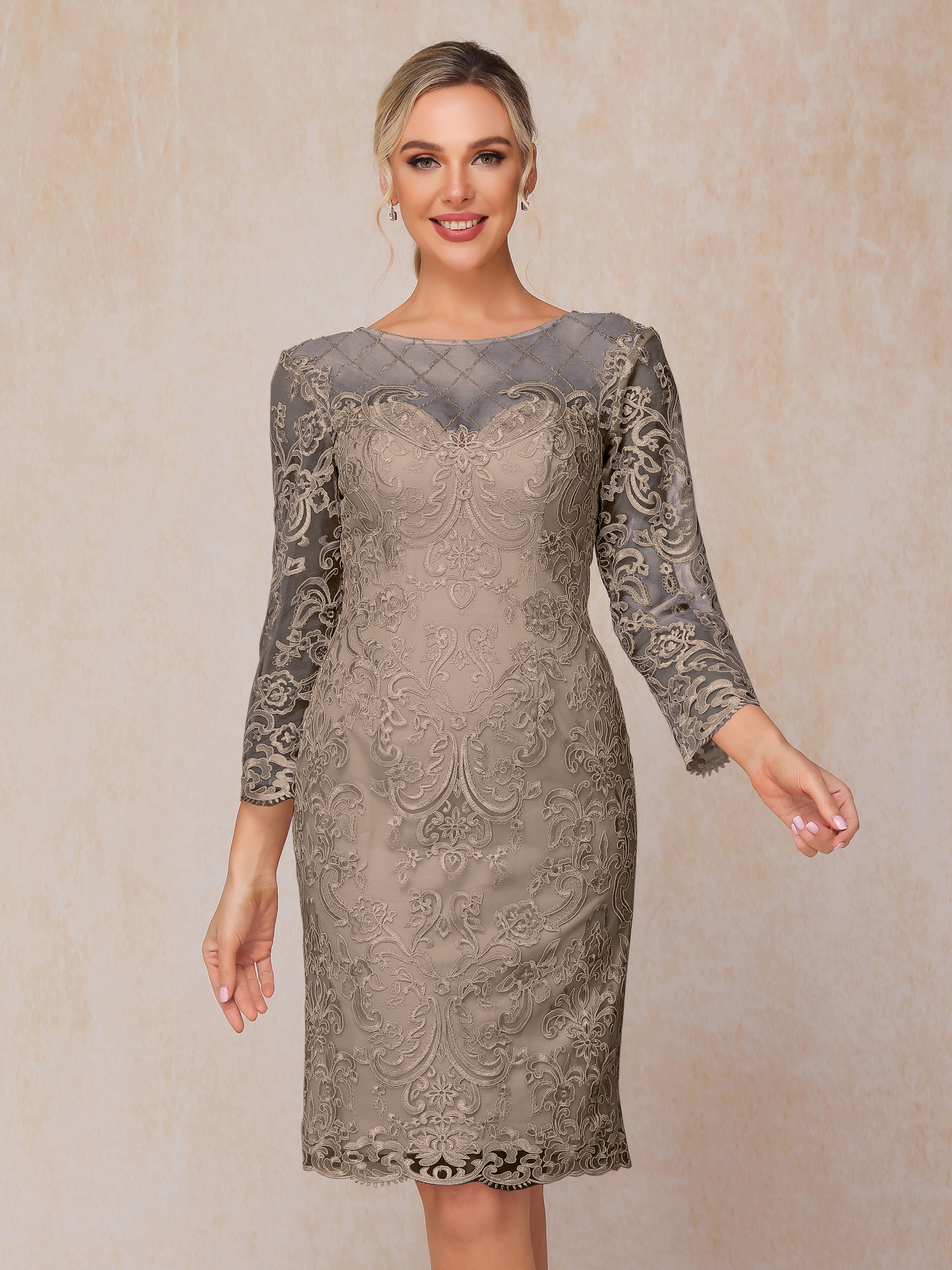 2 Pieces 3/4 Sleeves Knee Length Chiffon Lace Mother Of The  Groom Dress