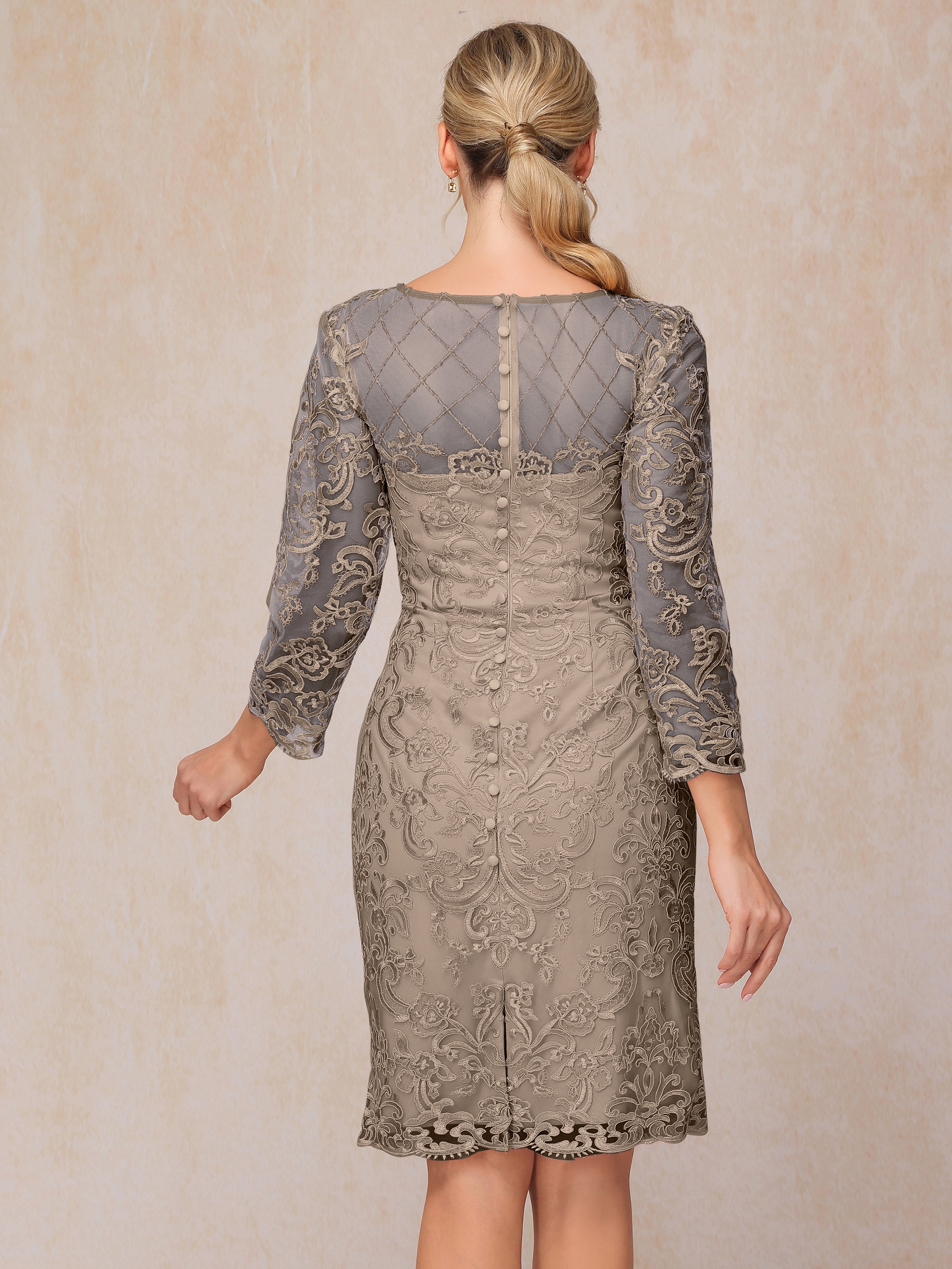 2 Pieces 3/4 Sleeves Knee Length Chiffon Lace Mother Of The Bride Dress