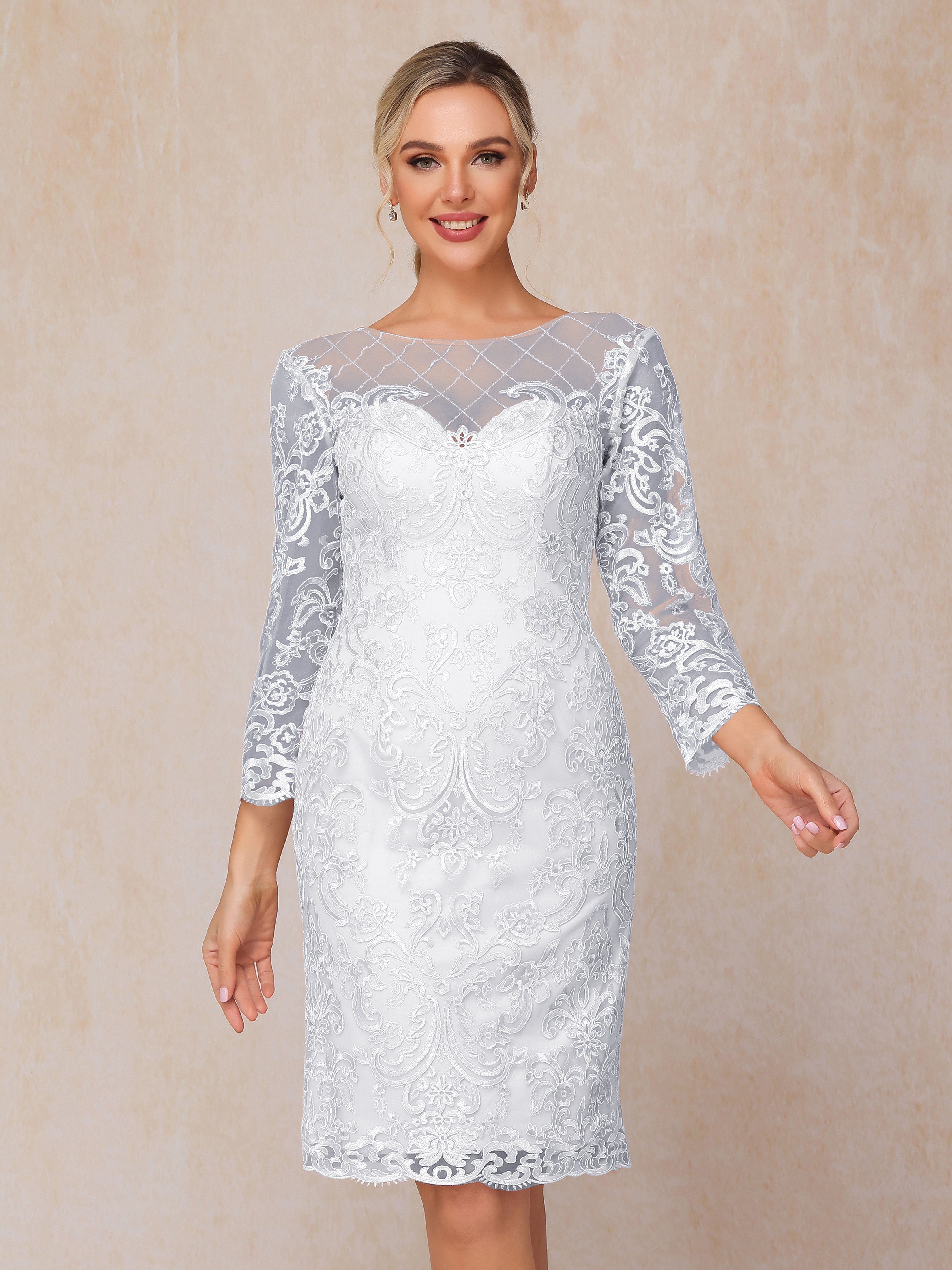 2 Pieces 3/4 Sleeves Knee Length Chiffon Lace Mother Of The  Groom Dress