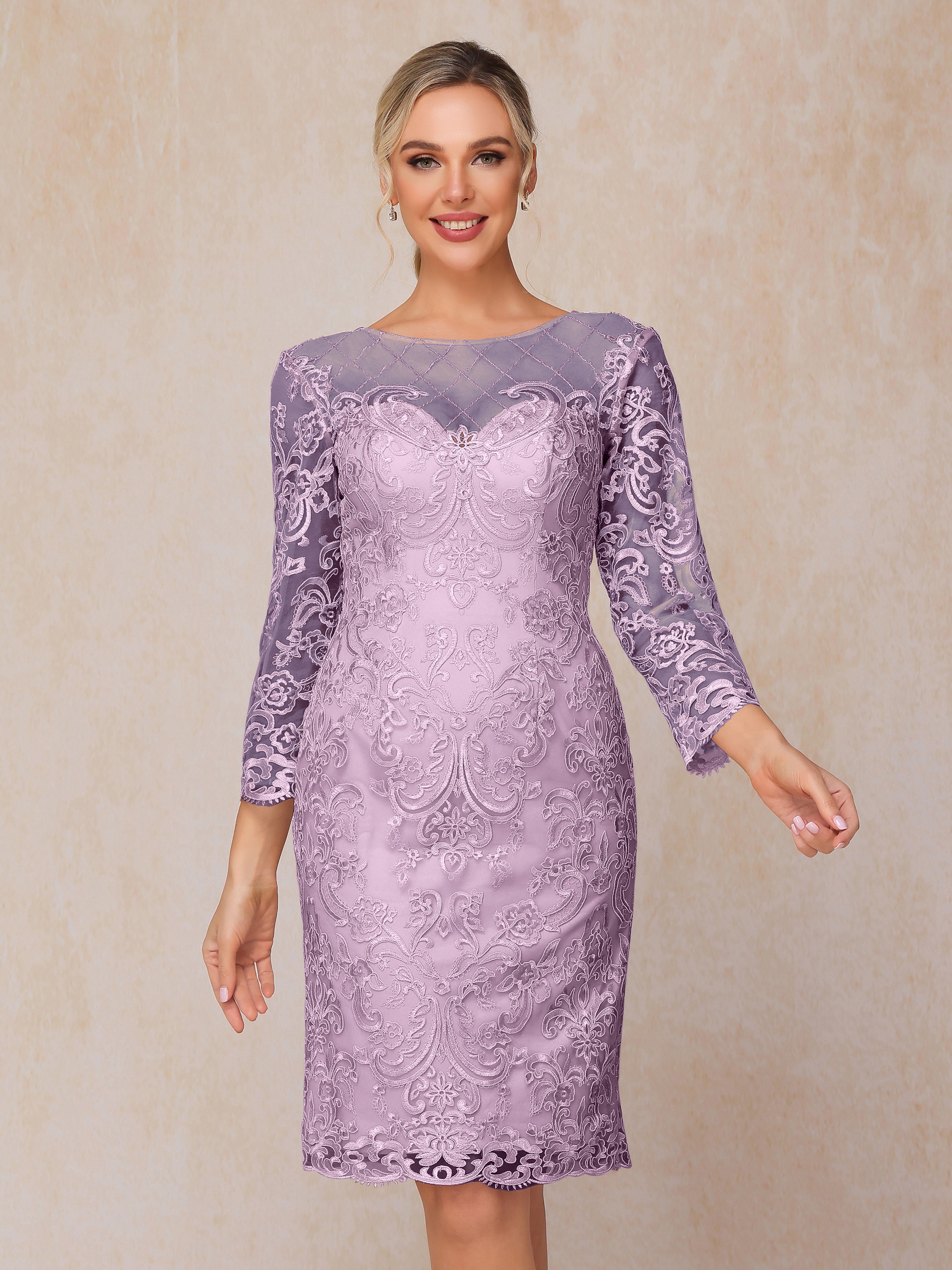 2 Pieces 3/4 Sleeves Knee Length Chiffon Lace Mother Of The  Groom Dress