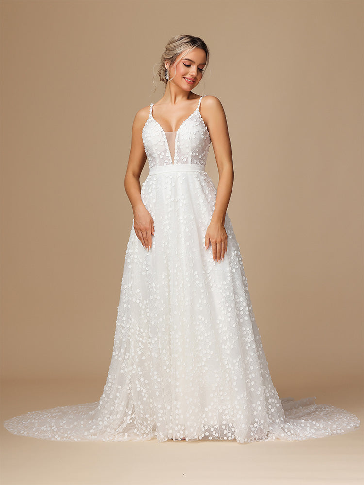 Spaghetti Strap V Neck Backless Lace Wedding Dress