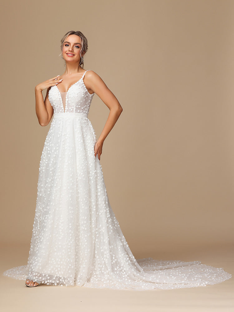 Spaghetti Strap V Neck Backless Lace Wedding Dress