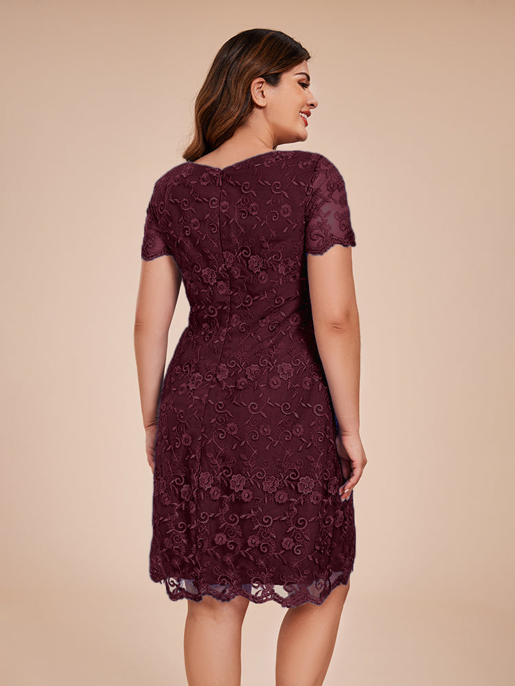 Column Short Sleeves Knee Length Lace Mother of the Bride Dress