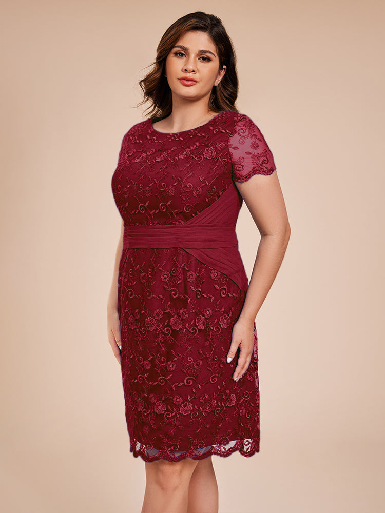 Crew Neck Short Sleeves Belted Lace Mother of the Bride Dress