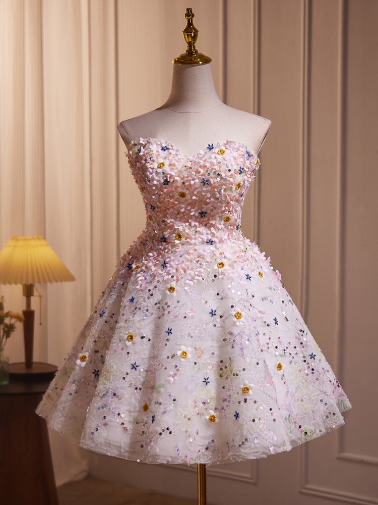 Cute Sweetheart Hand-Flower Mesh Princess Homecoming Dress