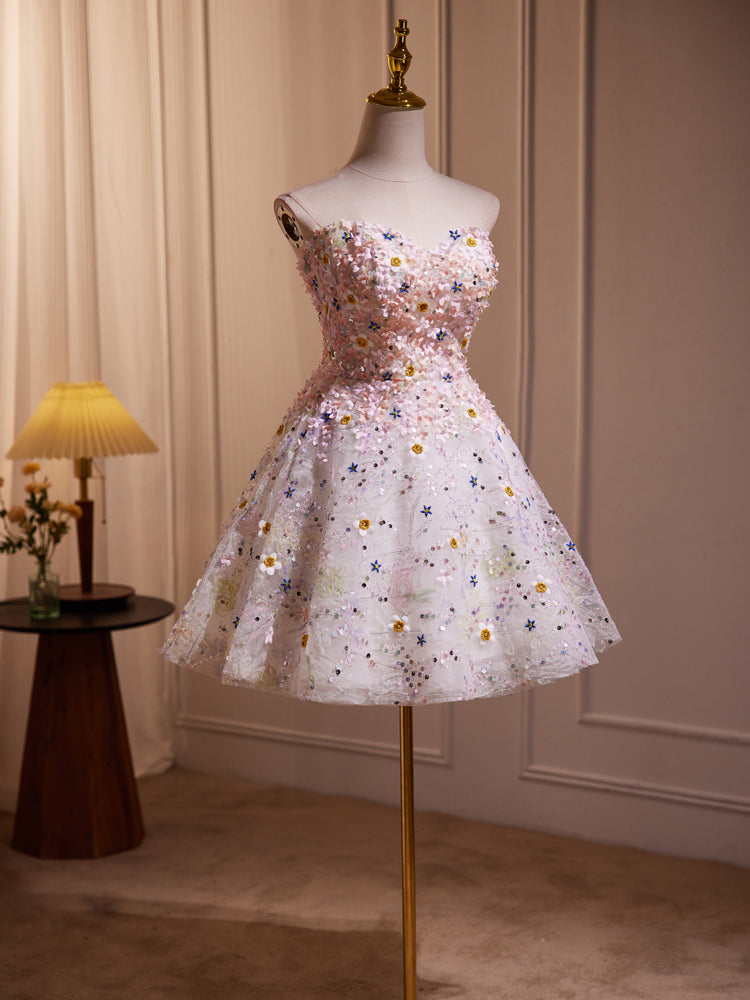 Cute Sweetheart Hand-Flower Mesh Princess Homecoming Dress