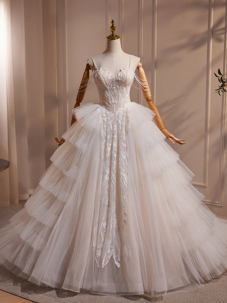 Elegant Spaghetti Straps Layered Beading Wedding Dress