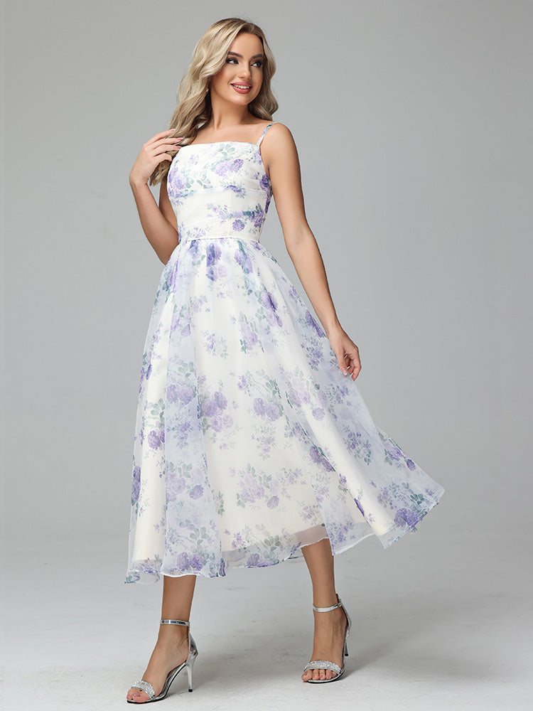 Spaghetti Straps Floral Printed Tea Length Bridesmaid Dresses