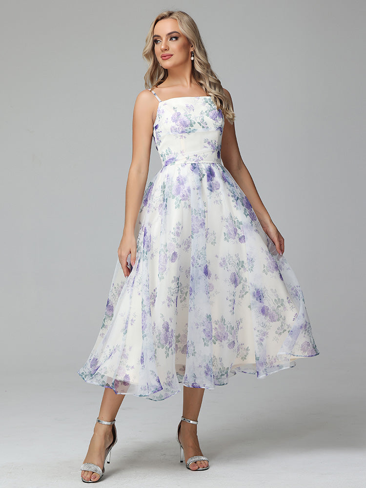 Spaghetti Straps Floral Printed Tea Length Bridesmaid Dresses