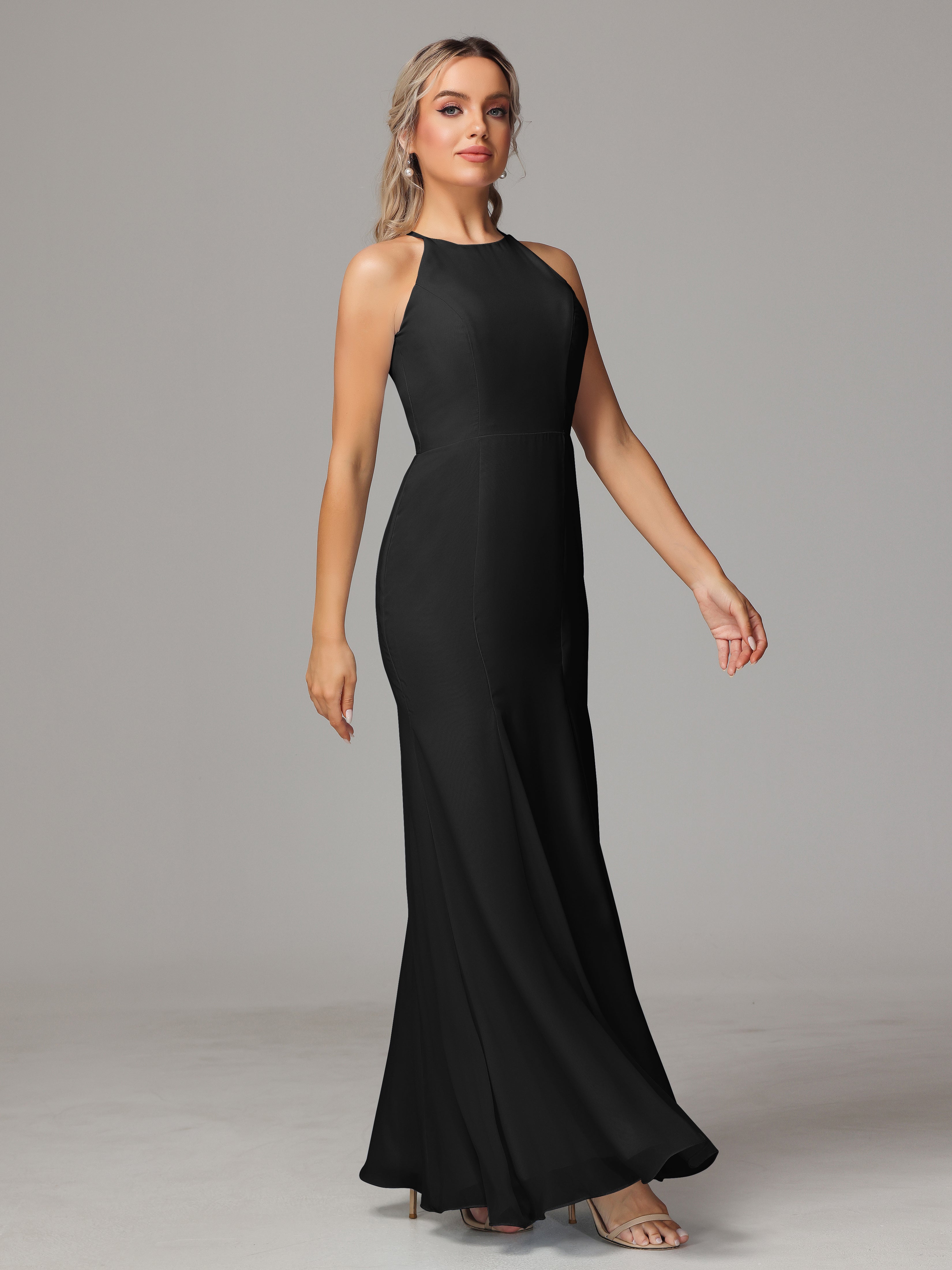 Halter Open Back Chiffon Wedding Guest Dress With Slit