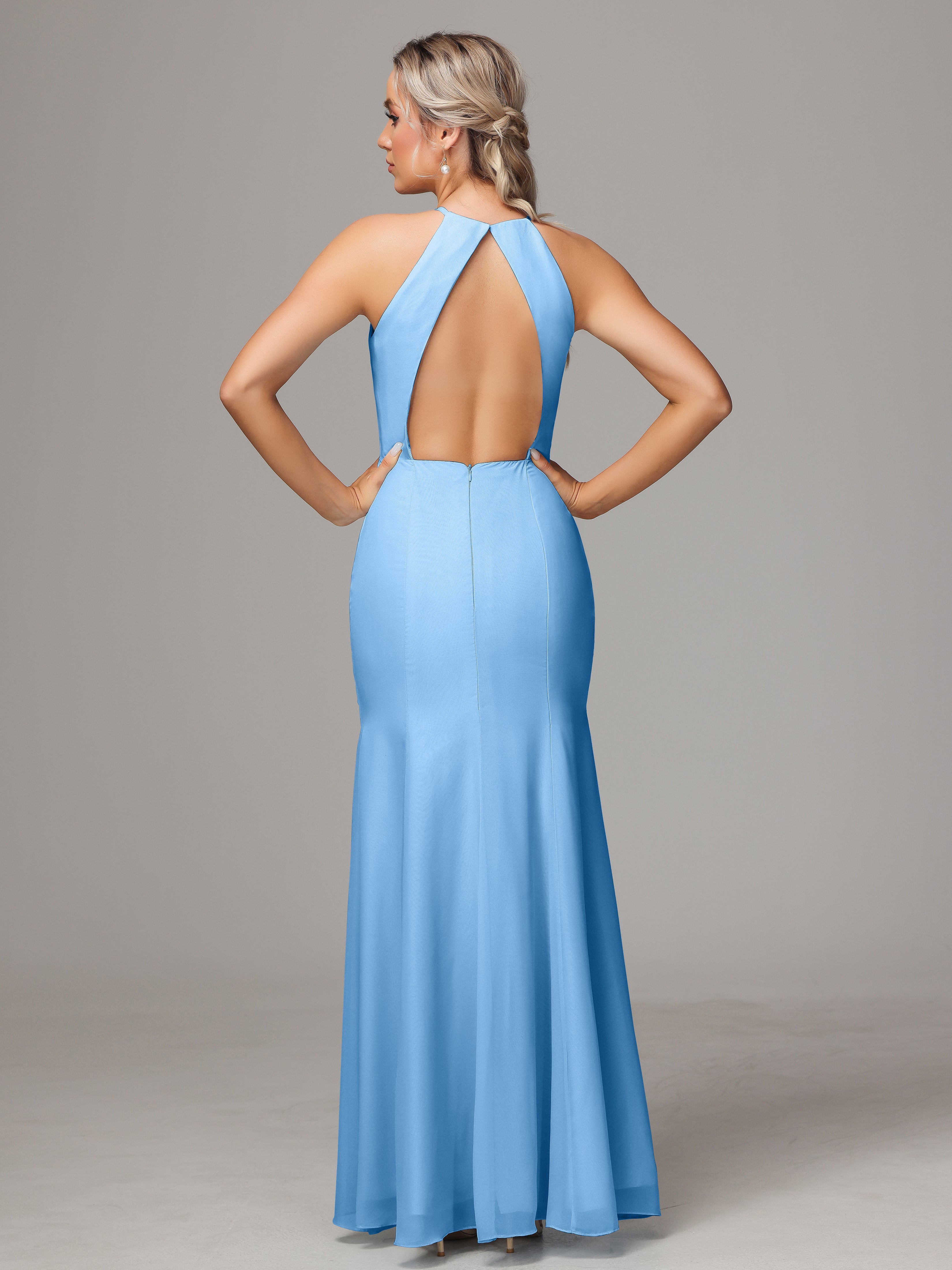 Halter Open Back Chiffon Wedding Guest Dress With Slit