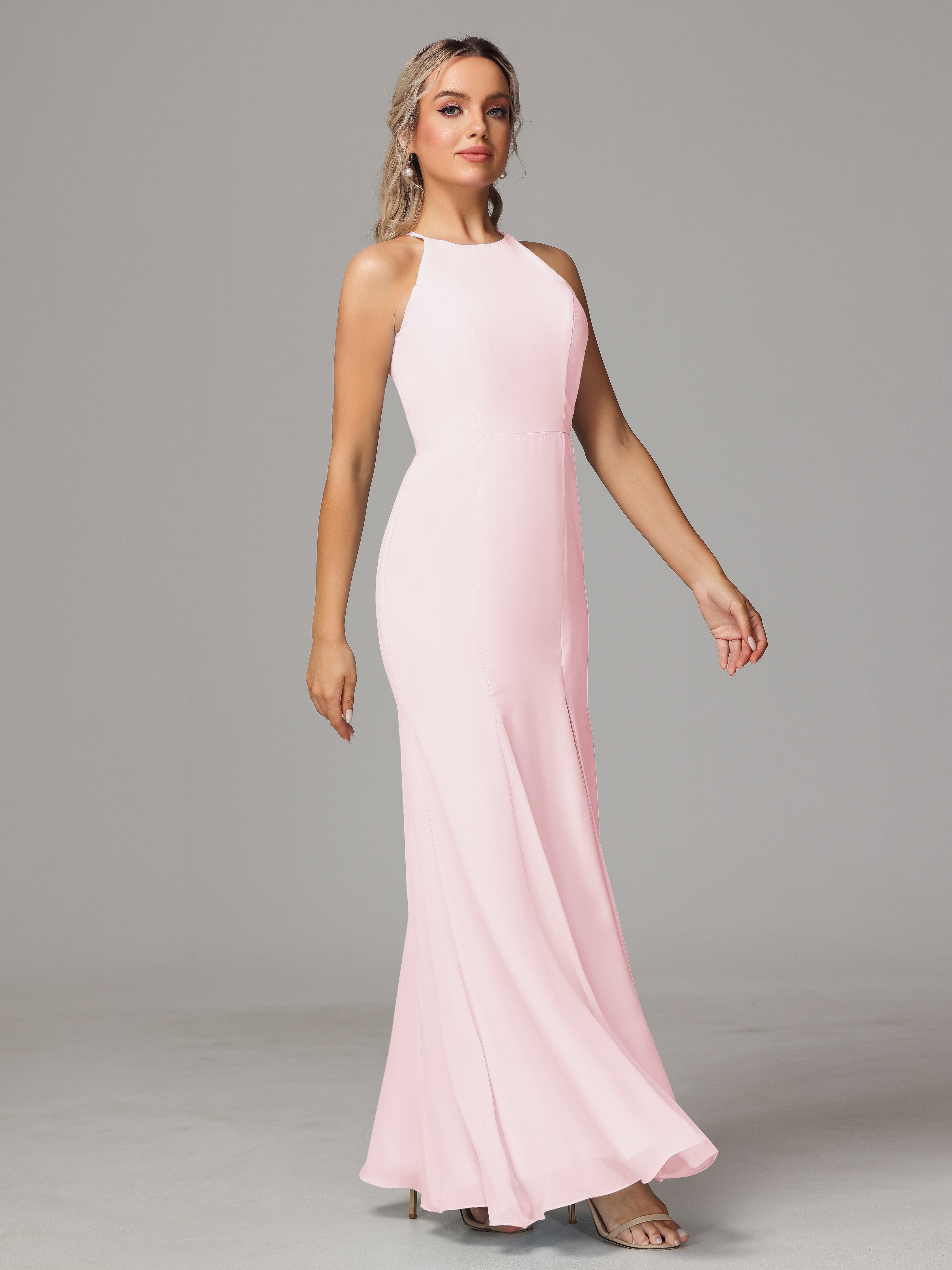 Halter Open Back Chiffon Wedding Guest Dress With Slit