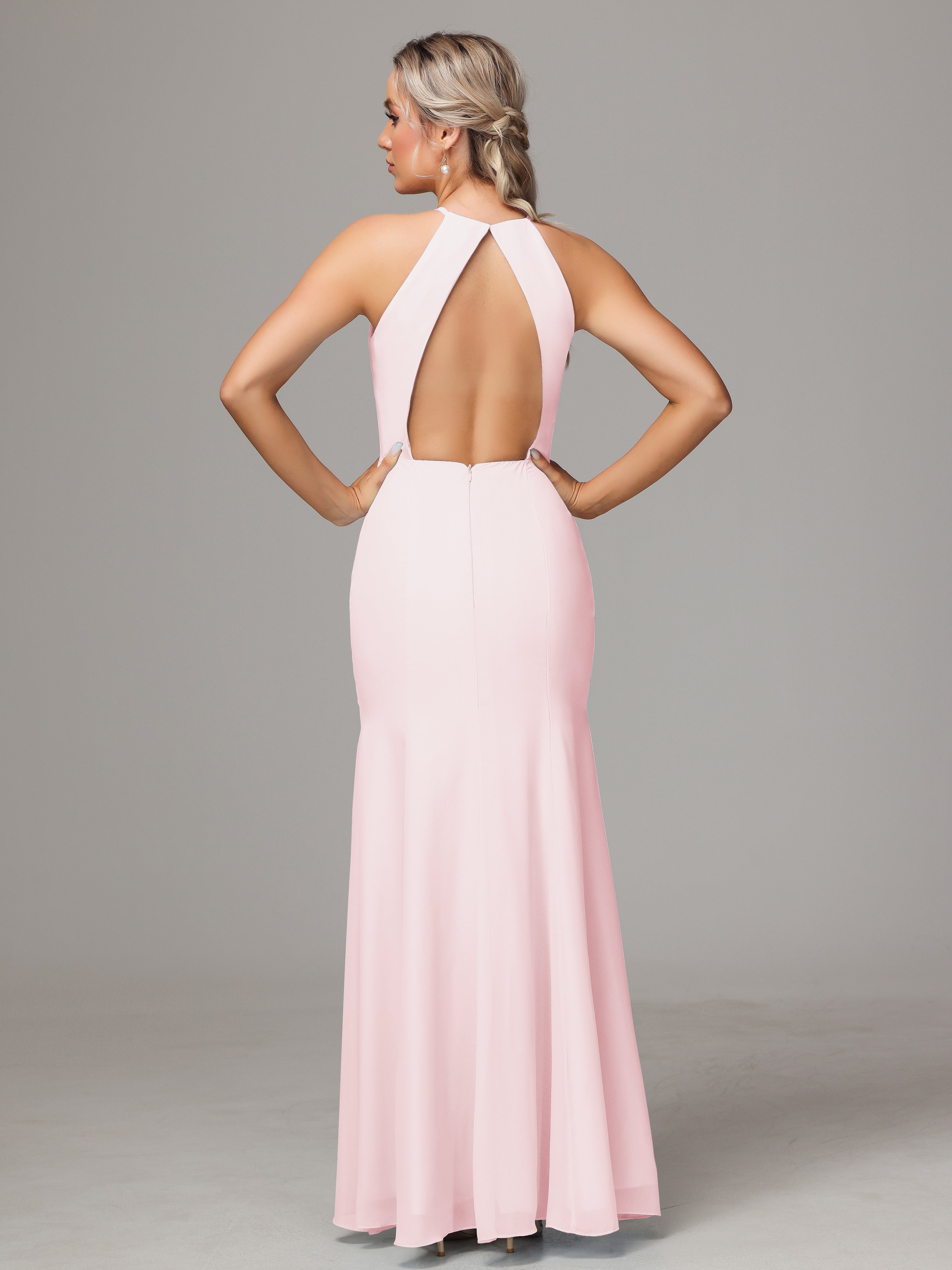 Halter Open Back Chiffon Wedding Guest Dress With Slit