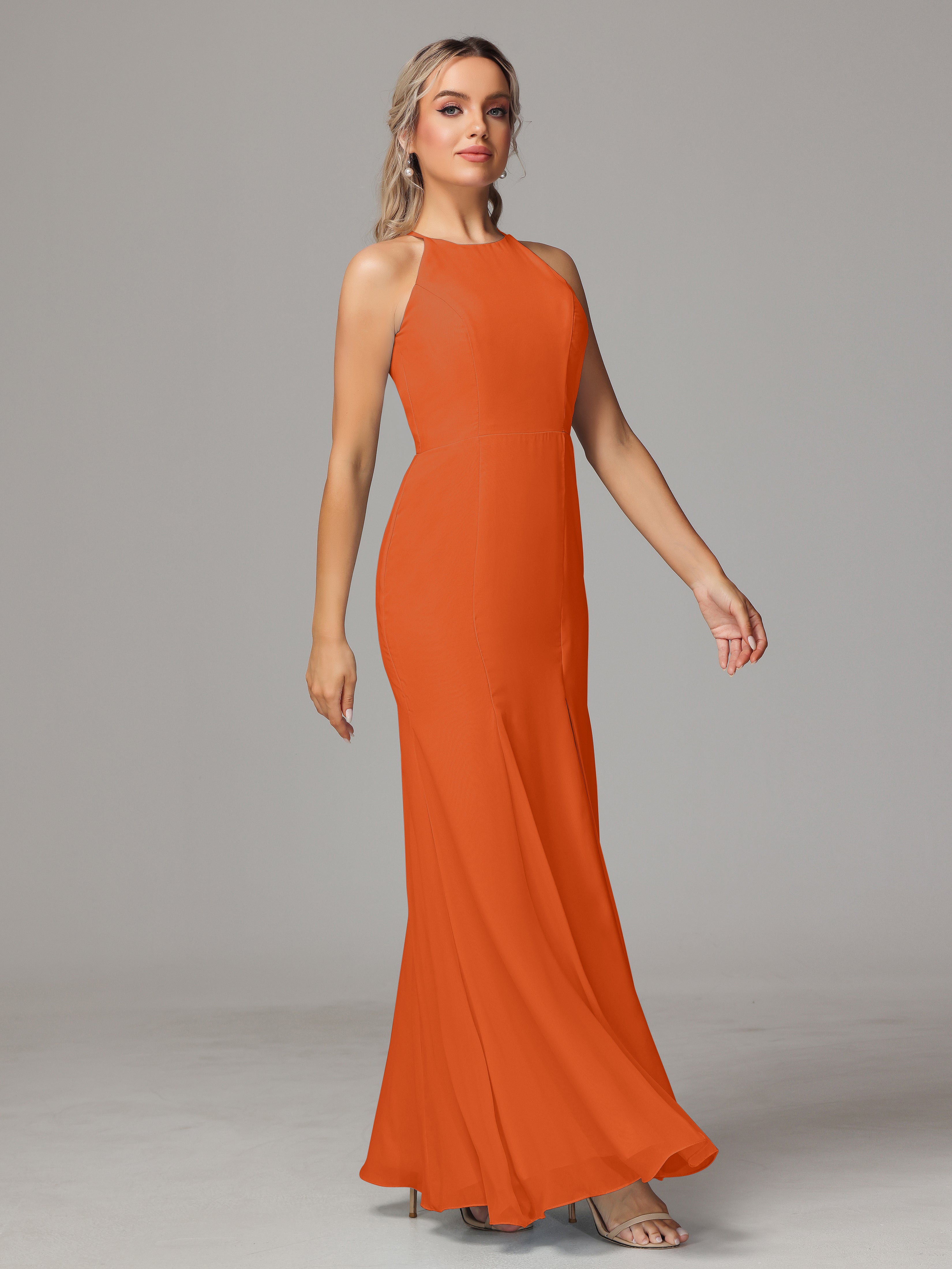 Halter Open Back Chiffon Wedding Guest Dress With Slit