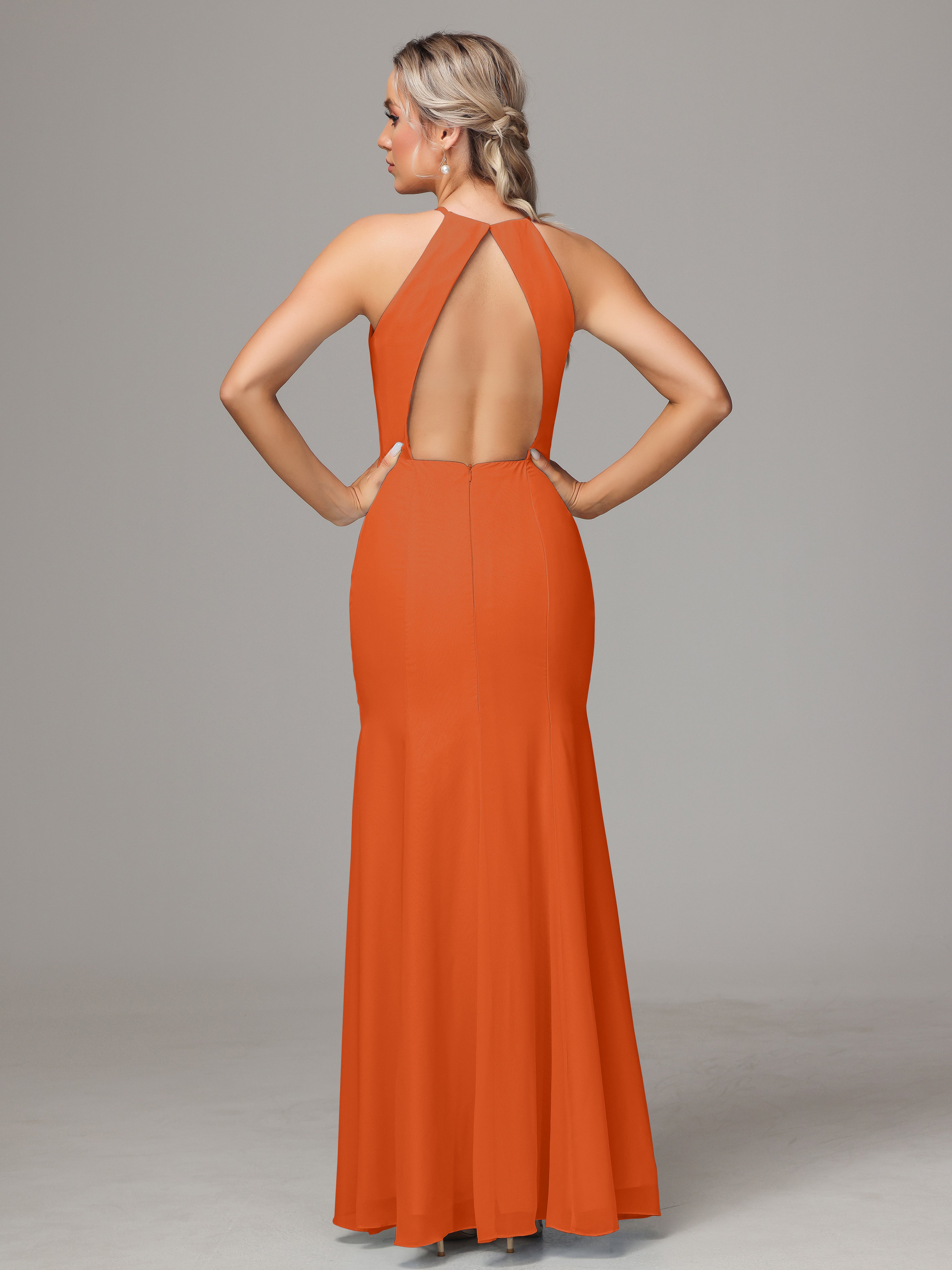 Halter Open Back Chiffon Wedding Guest Dress With Slit