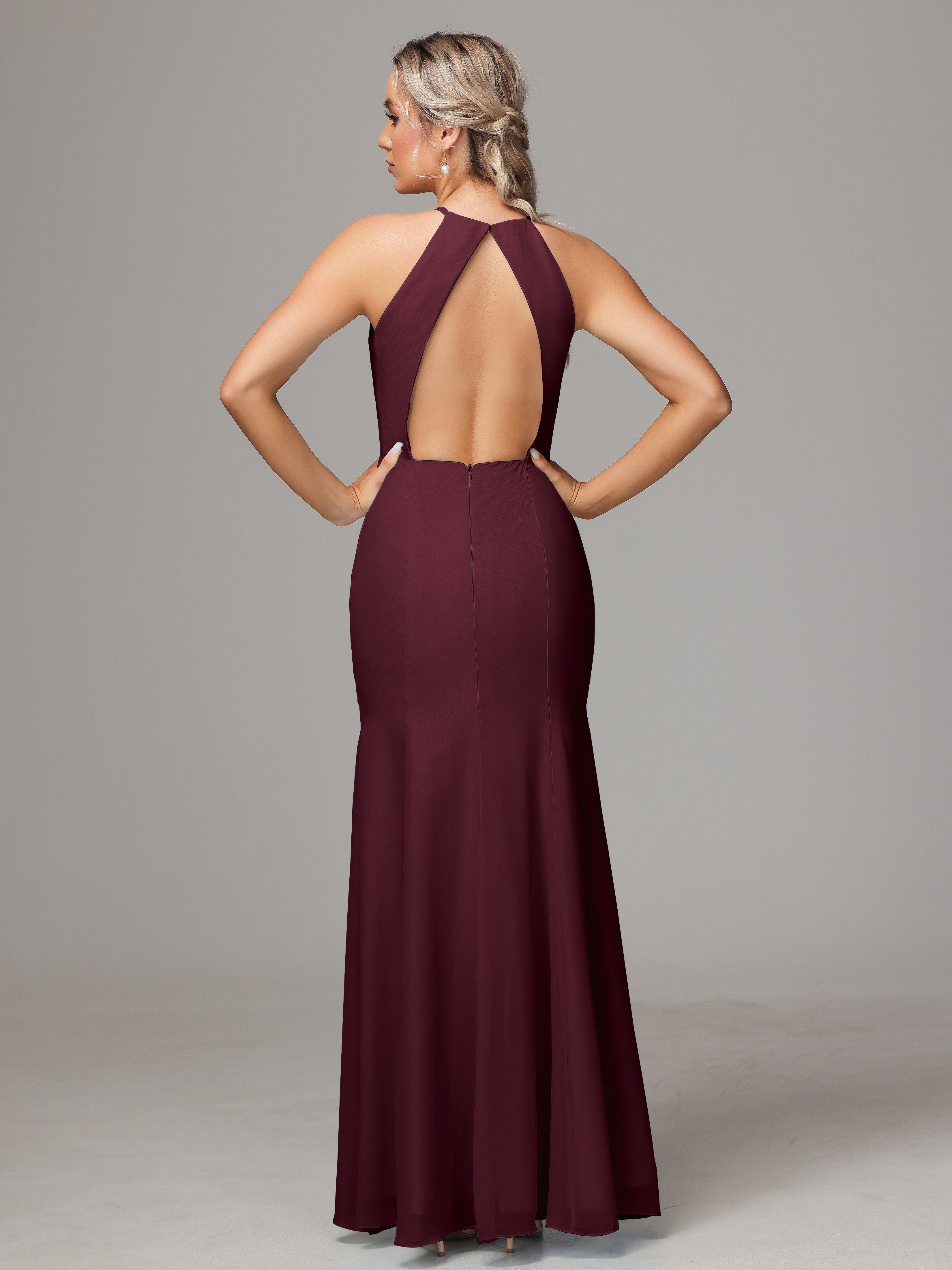 Halter Open Back Chiffon Wedding Guest Dress With Slit