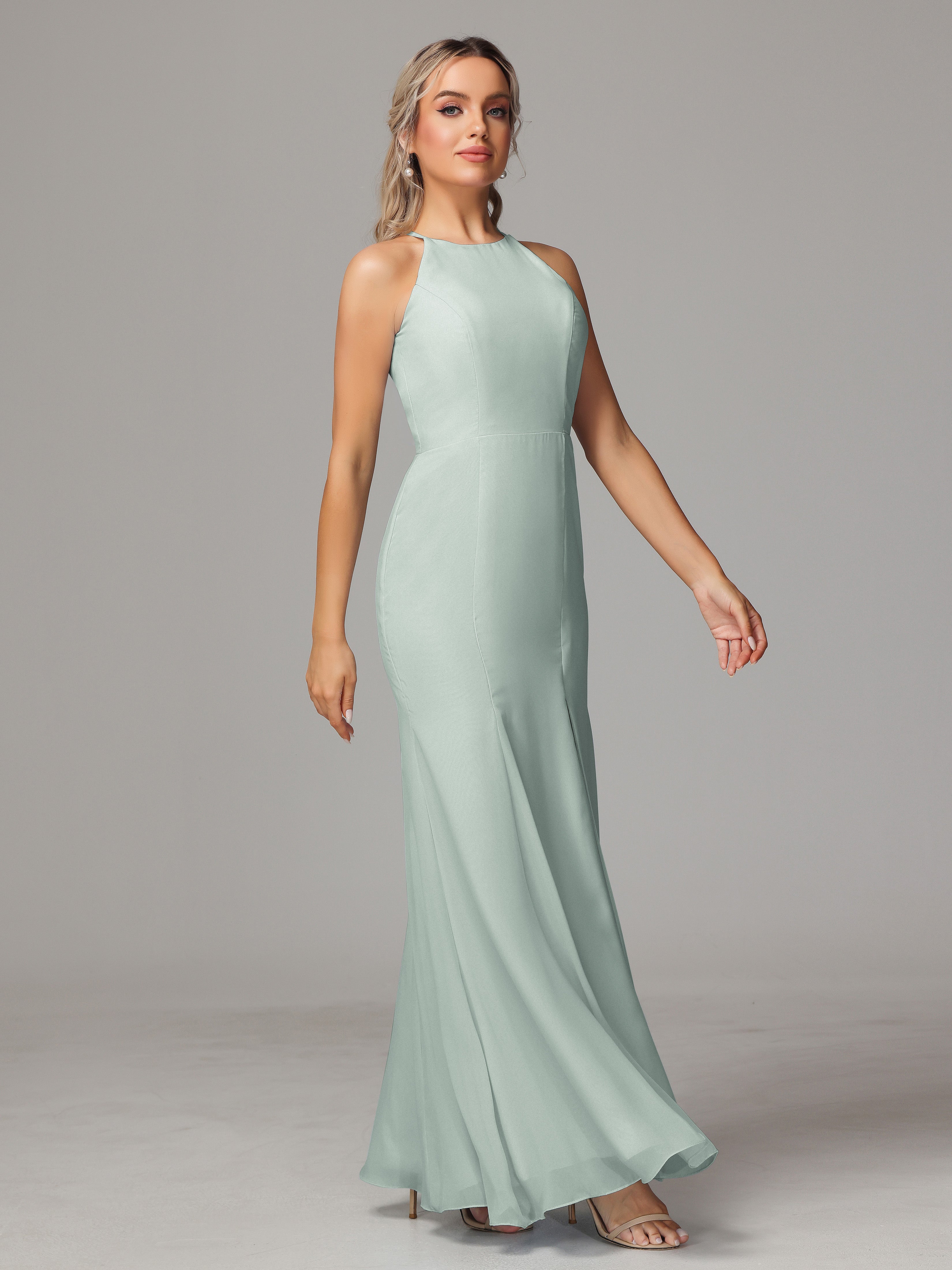 Halter Open Back Chiffon Bridesmaid Dress With Slit