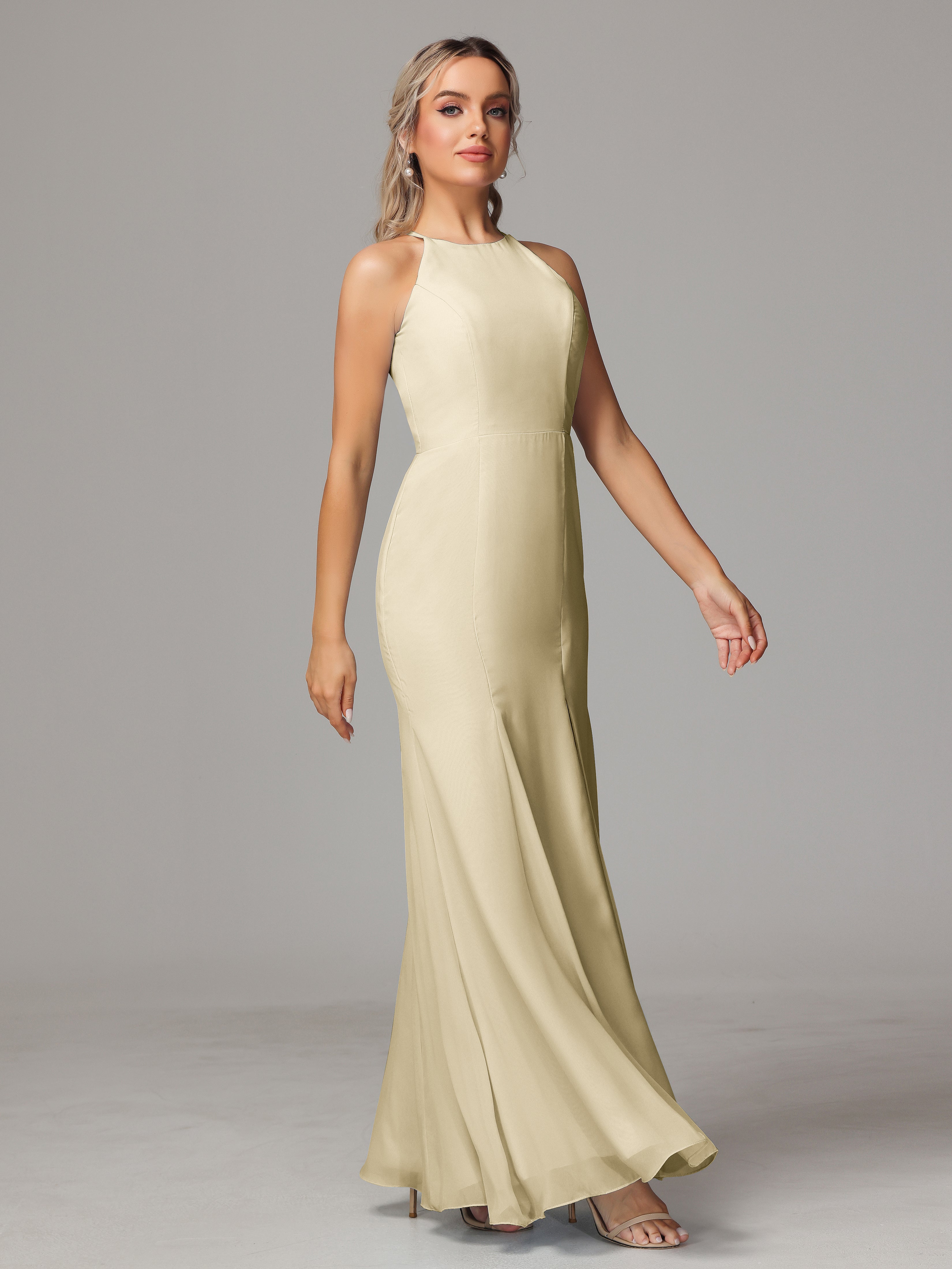 Halter Open Back Chiffon Wedding Guest Dress With Slit