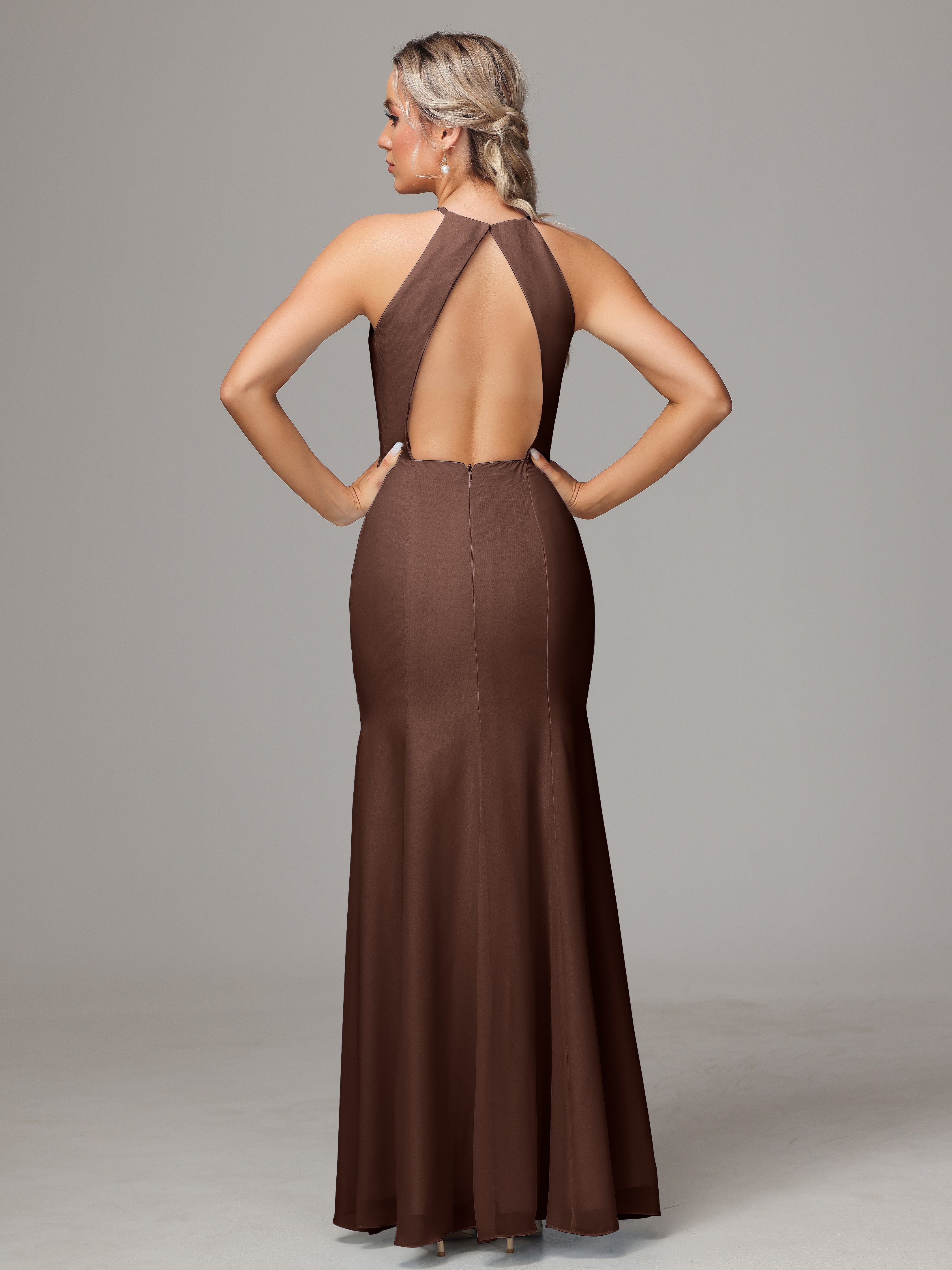 Halter Open Back Chiffon Wedding Guest Dress With Slit