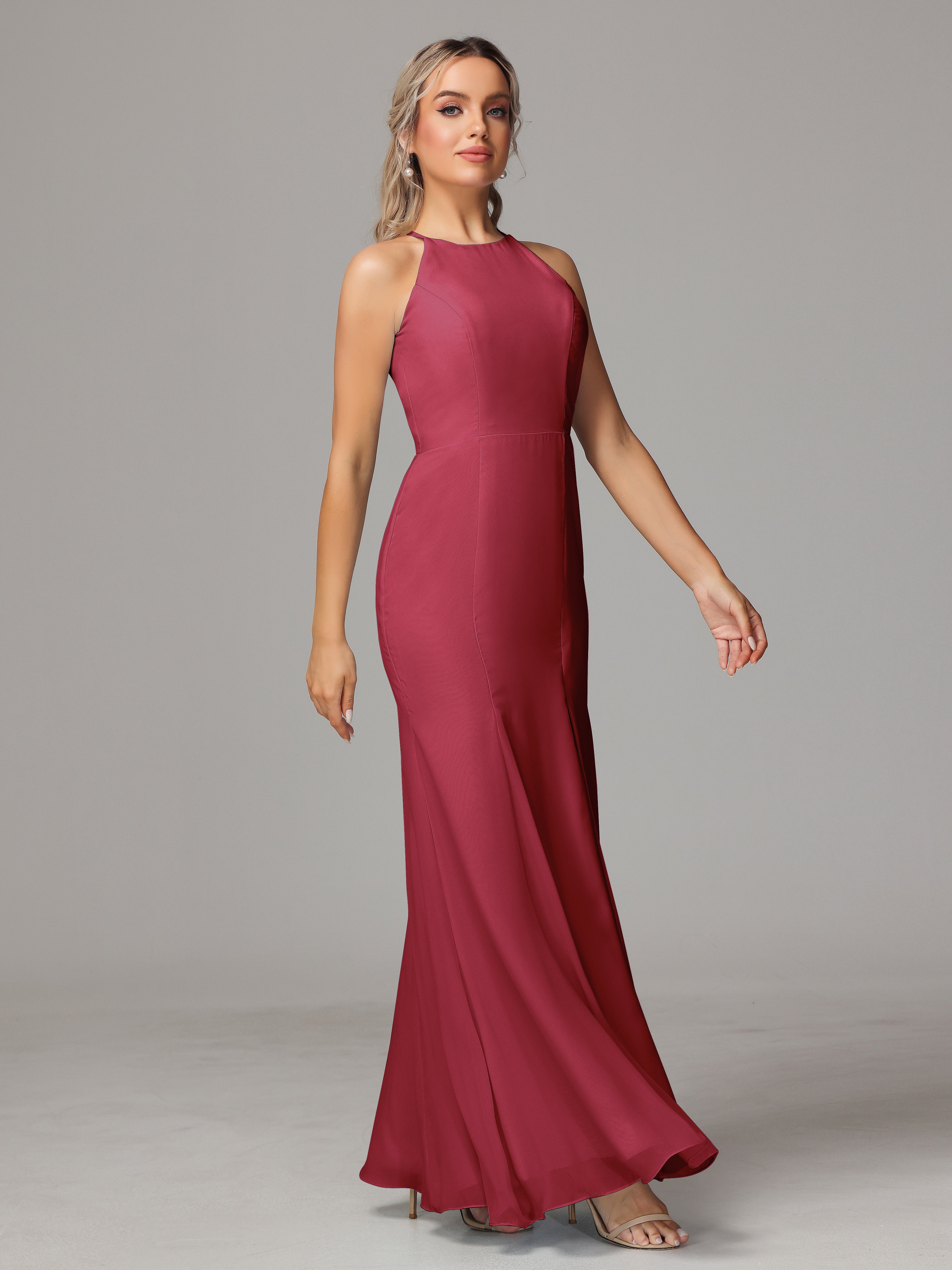 Halter Open Back Chiffon Wedding Guest Dress With Slit